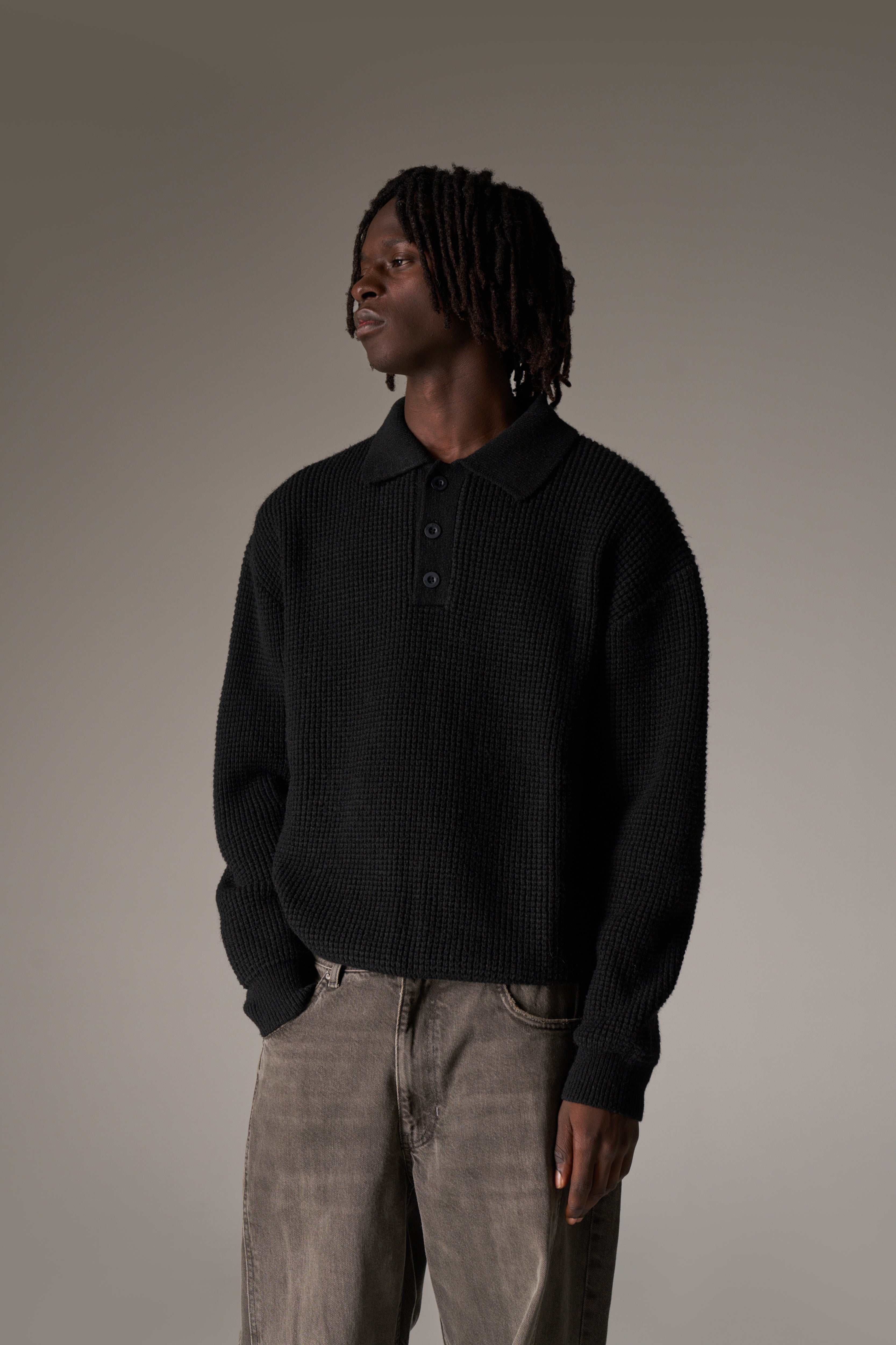 WAFFLE KNIT LONG SLEEVE POLO - BLACK | The Couture Club