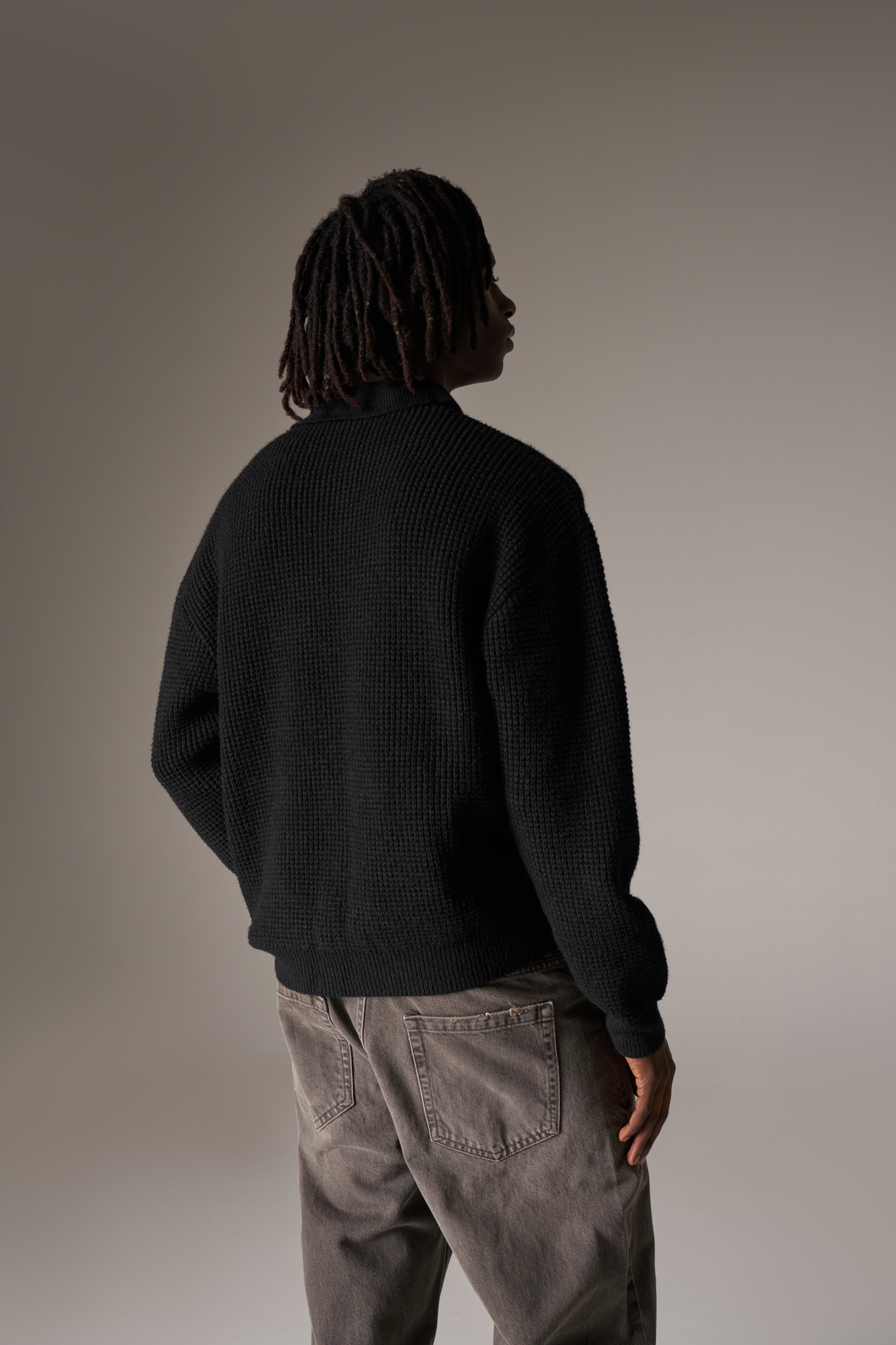 WAFFLE KNIT LONG SLEEVE POLO - BLACK