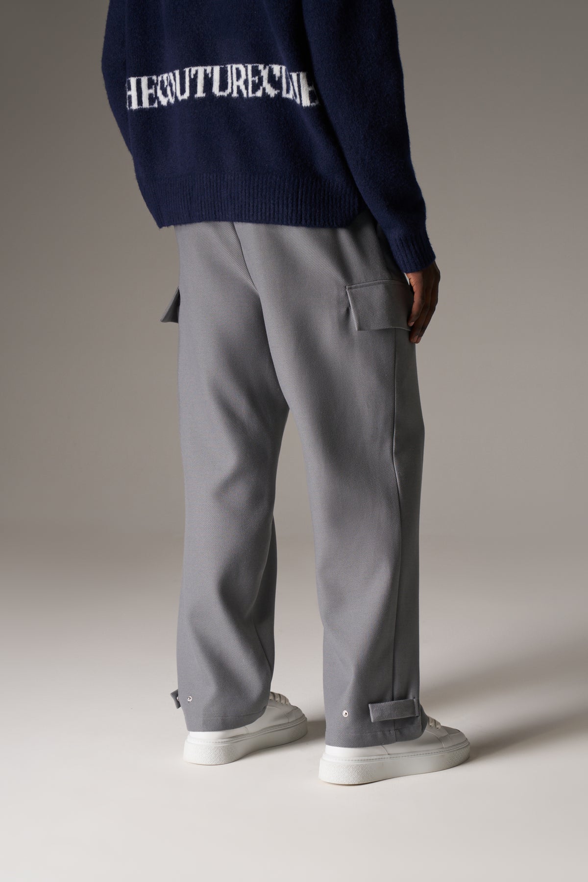 PLEATED WIDE LEG WOOL BLEND TROUSERS - GREY