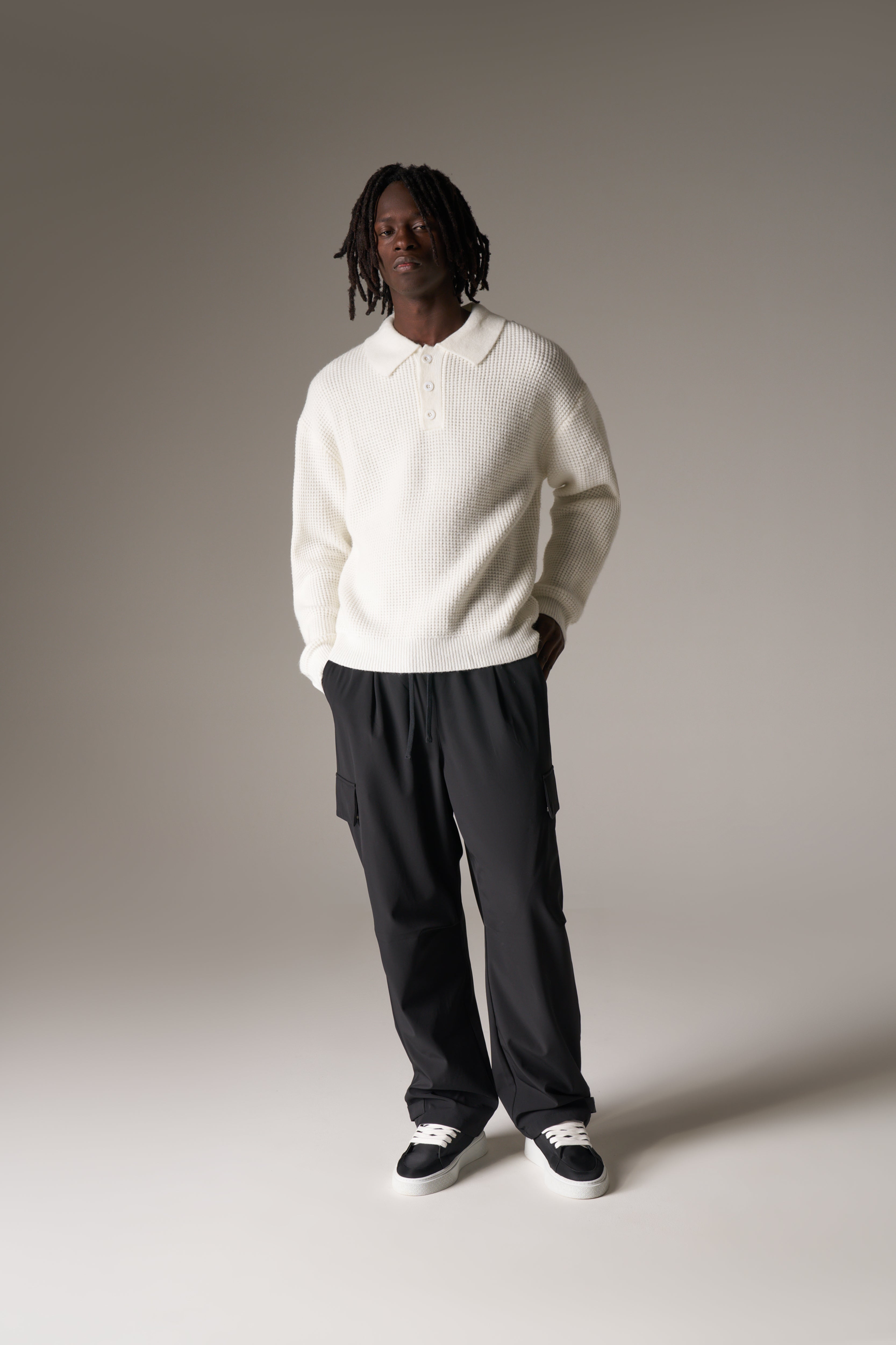 WAFFLE KNIT LONG SLEEVE POLO - WHITE