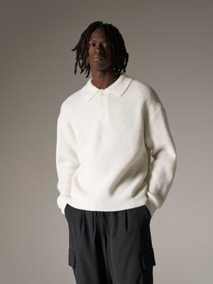 WAFFLE KNIT LONG SLEEVE POLO - WHITE