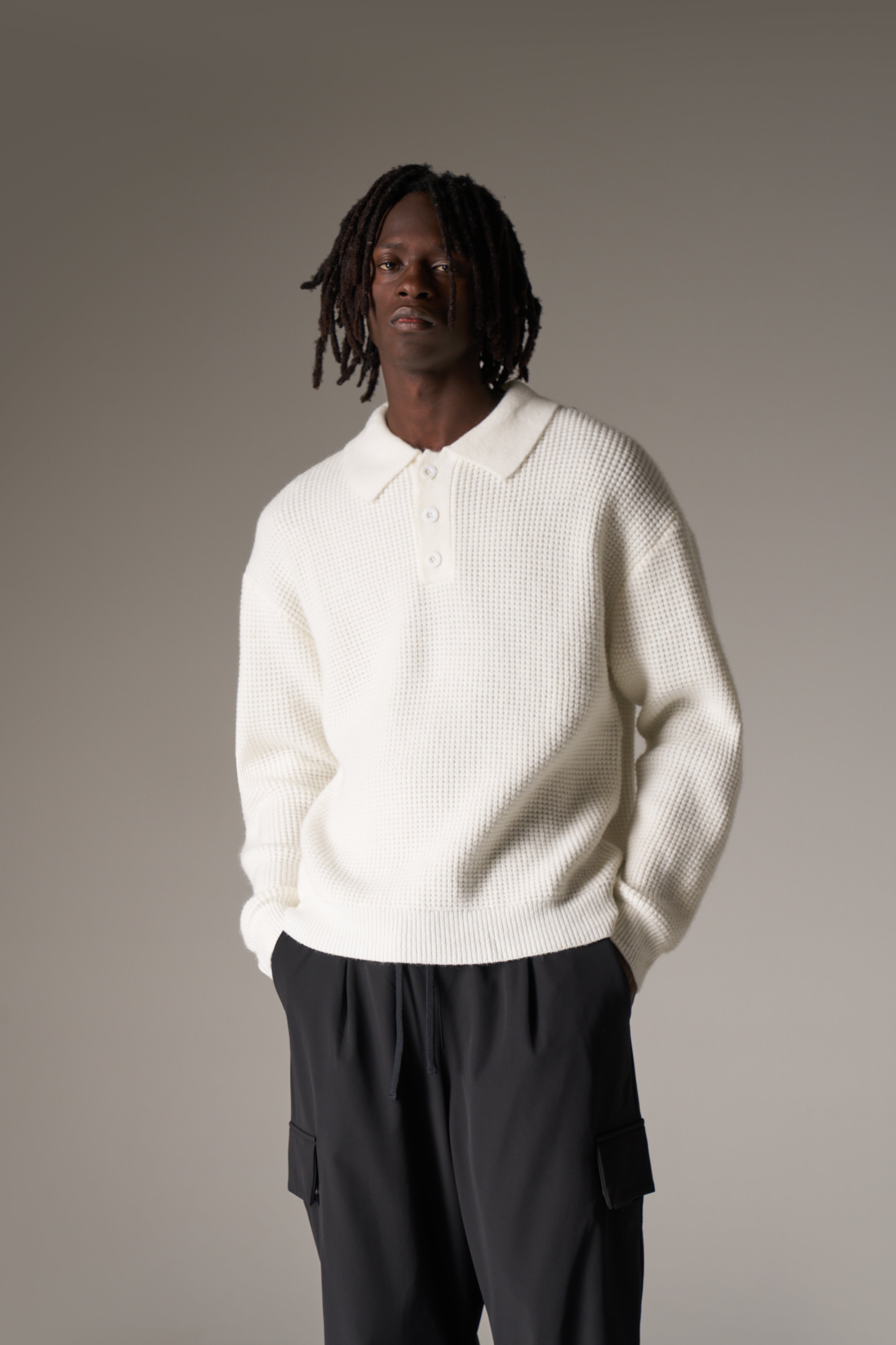 WAFFLE KNIT LONG SLEEVE POLO - WHITE