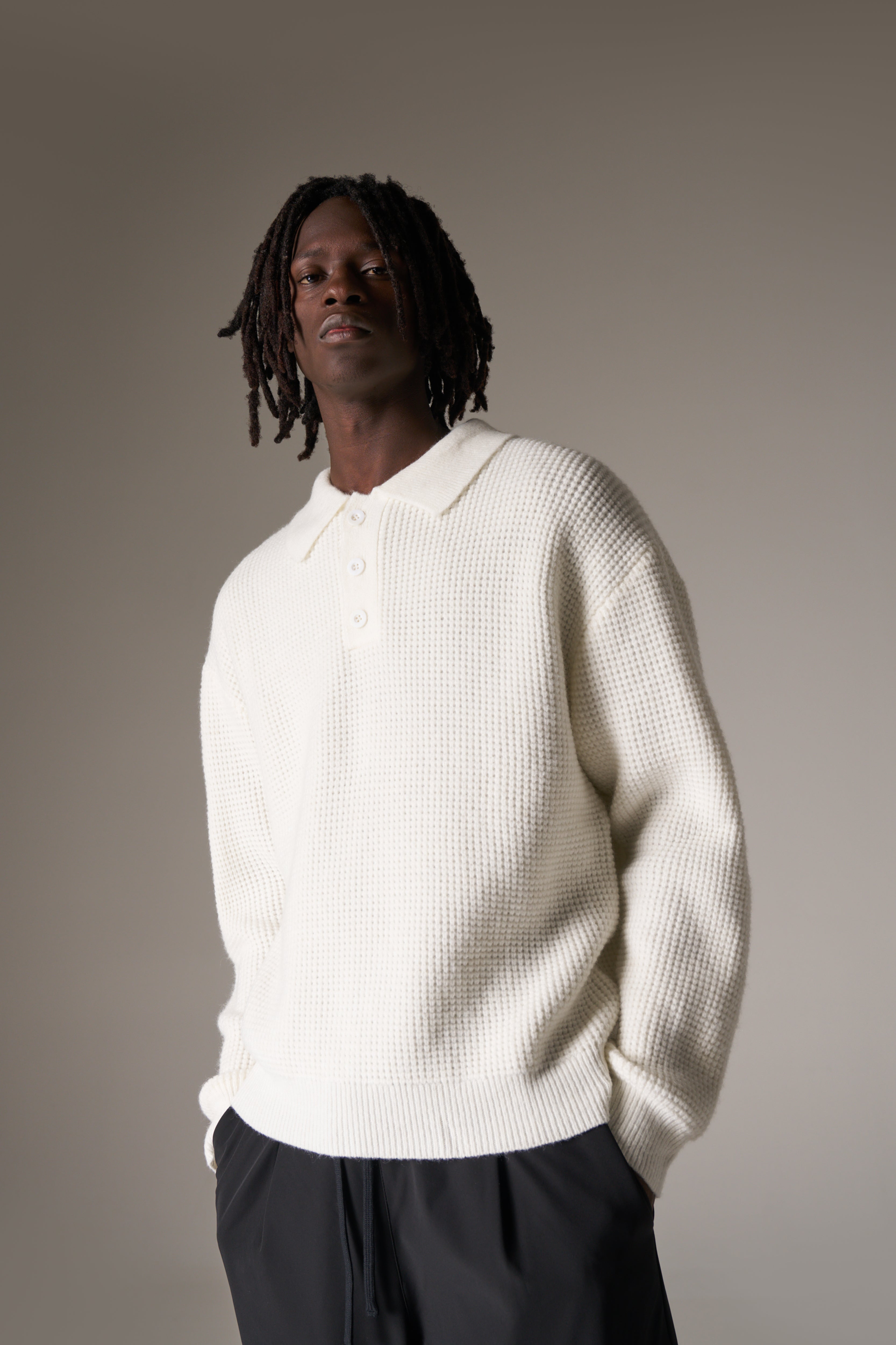 WAFFLE KNIT LONG SLEEVE POLO - WHITE