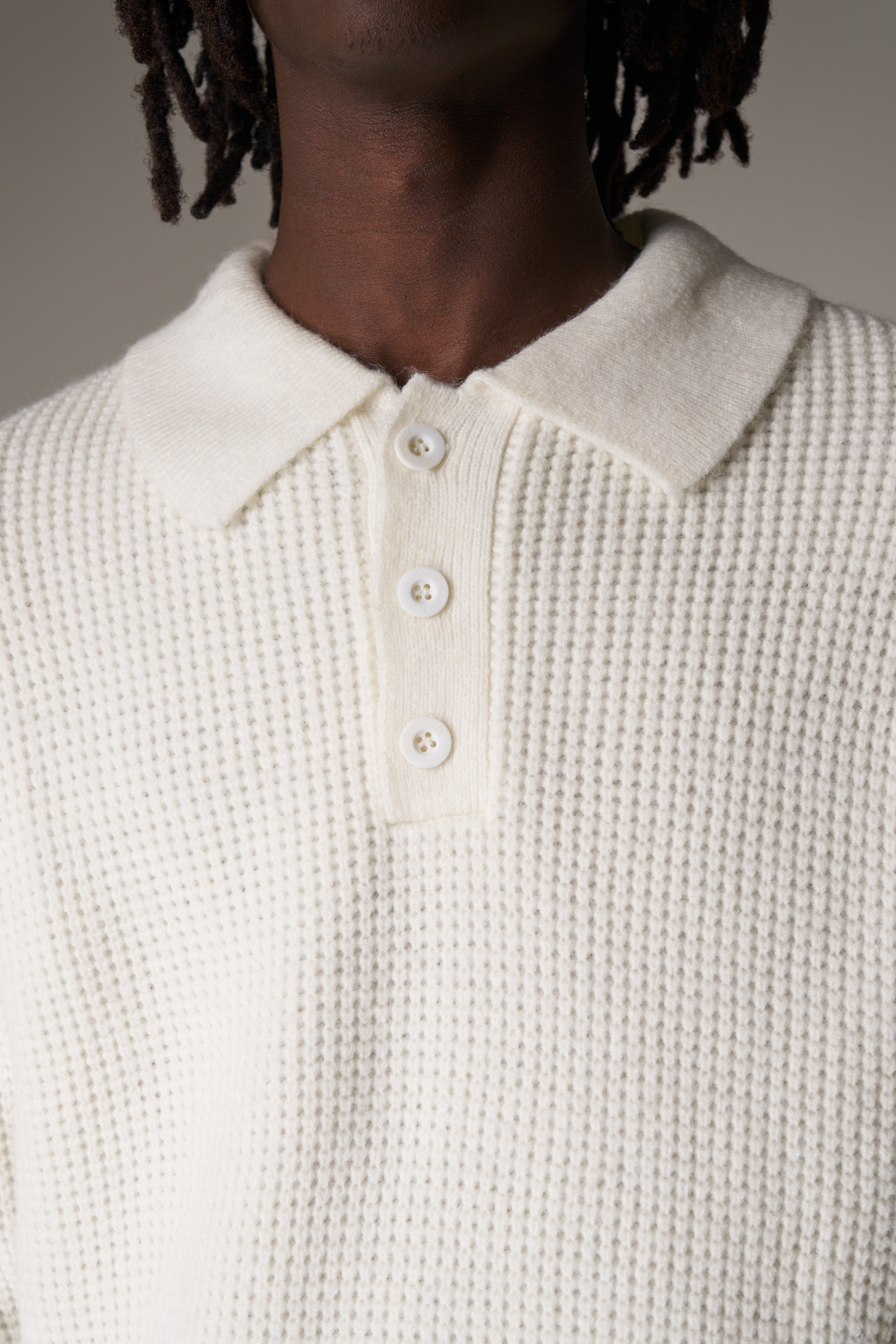 WAFFLE KNIT LONG SLEEVE POLO - WHITE
