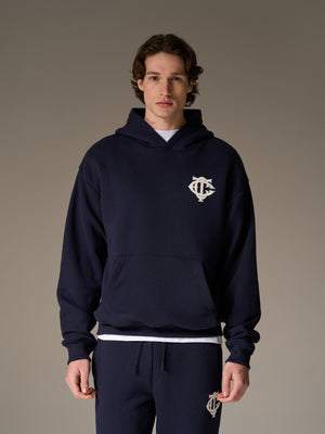 HEAVYWEIGHT MONOGRAM APPLIQUE EMBLEM HOODIE - NAVY