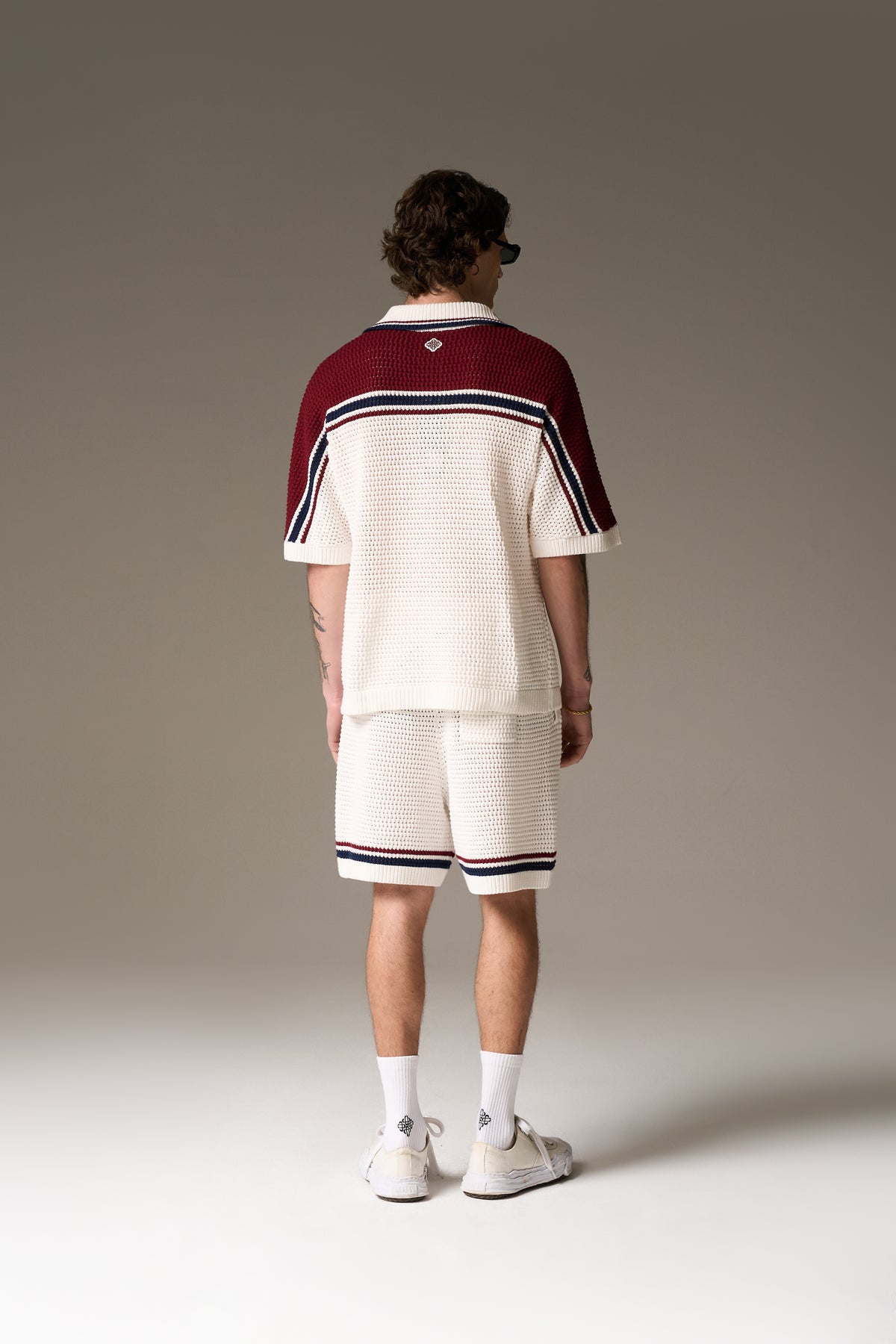 COLOUR BLOCK KNITTED STRIPE SHIRT - BURGUNDY