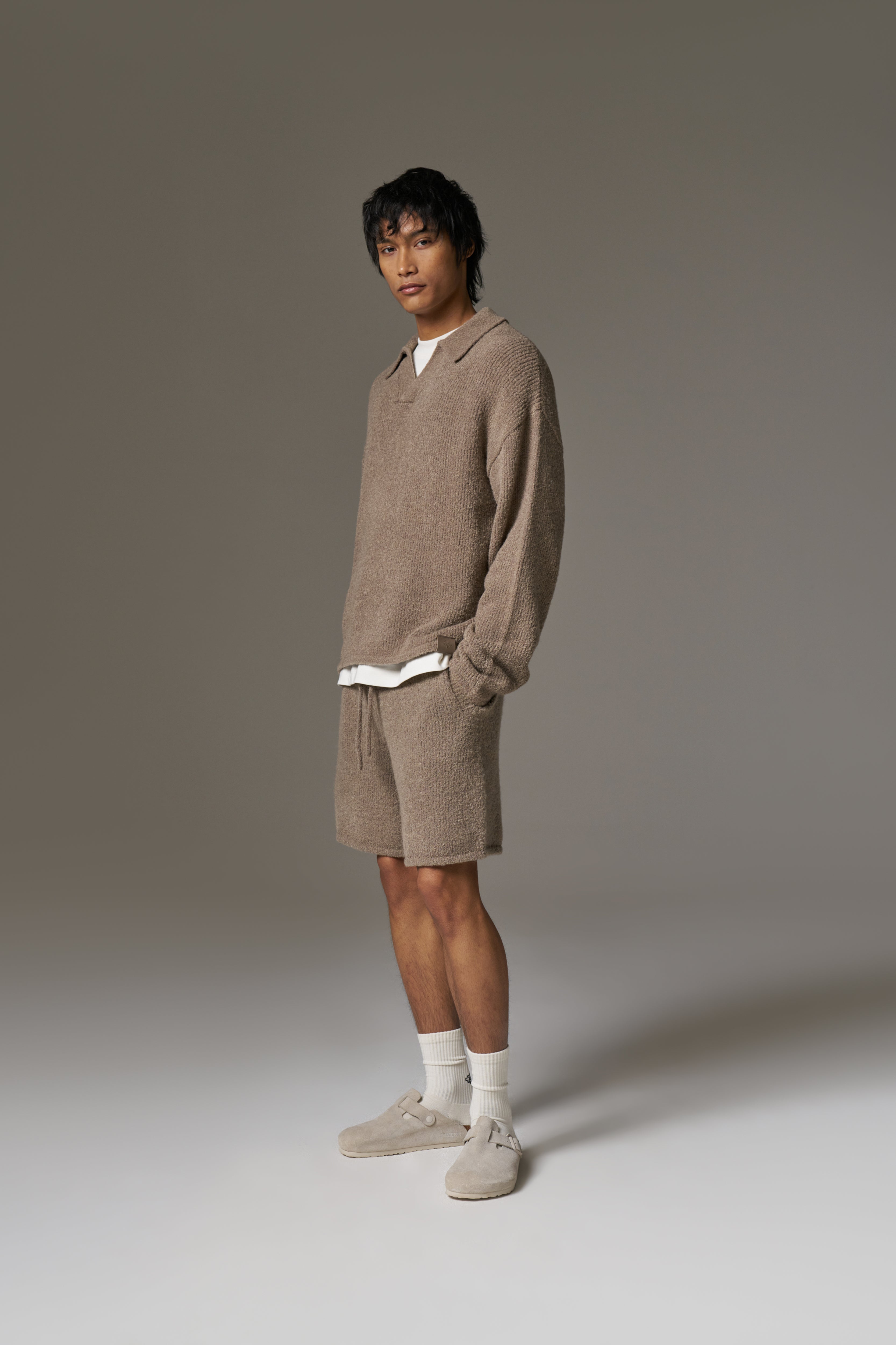 BOUCLE KNIT LONG SLEEVE POLO - BROWN