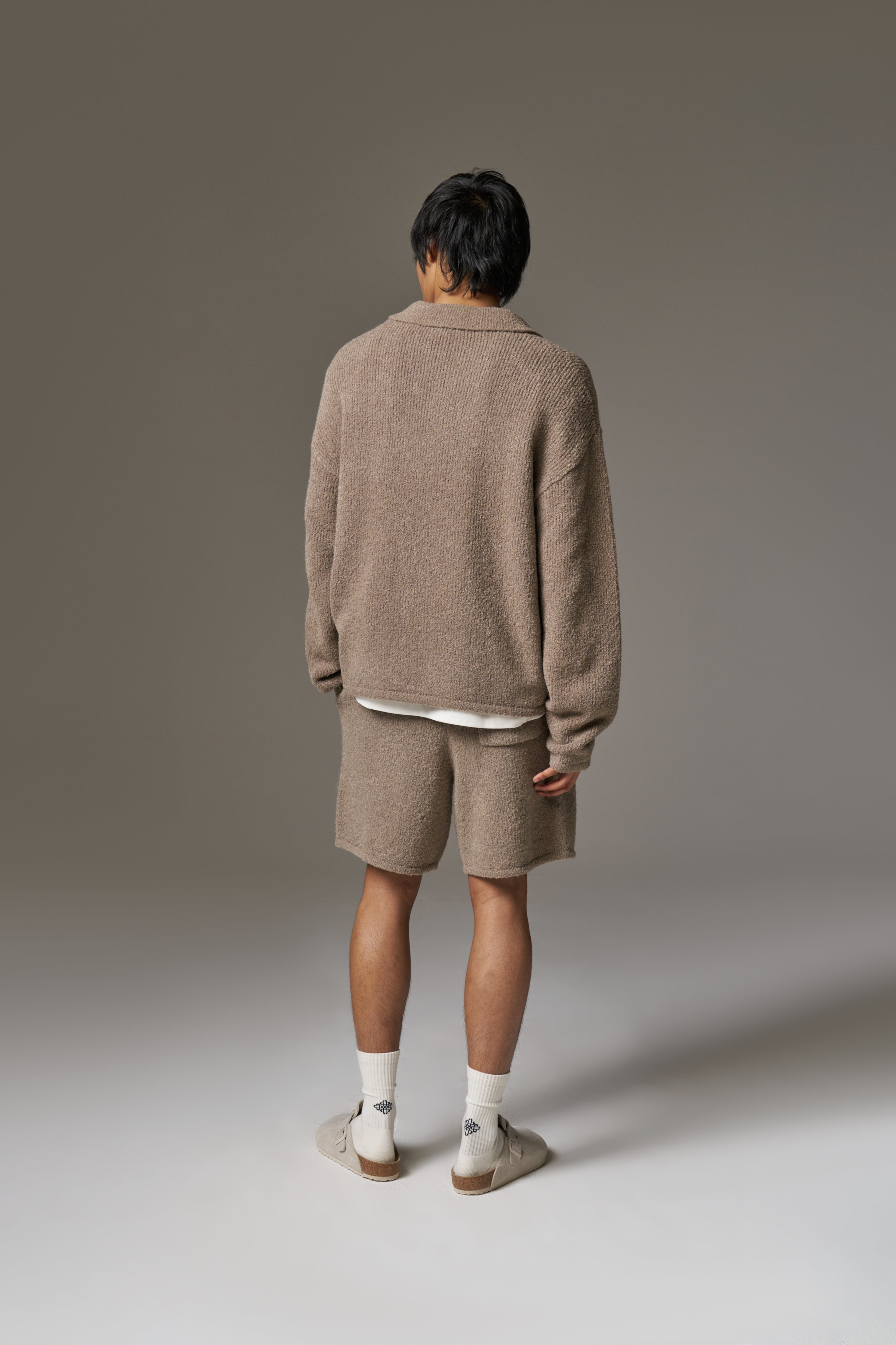 BOUCLE KNIT LONG SLEEVE POLO - BROWN