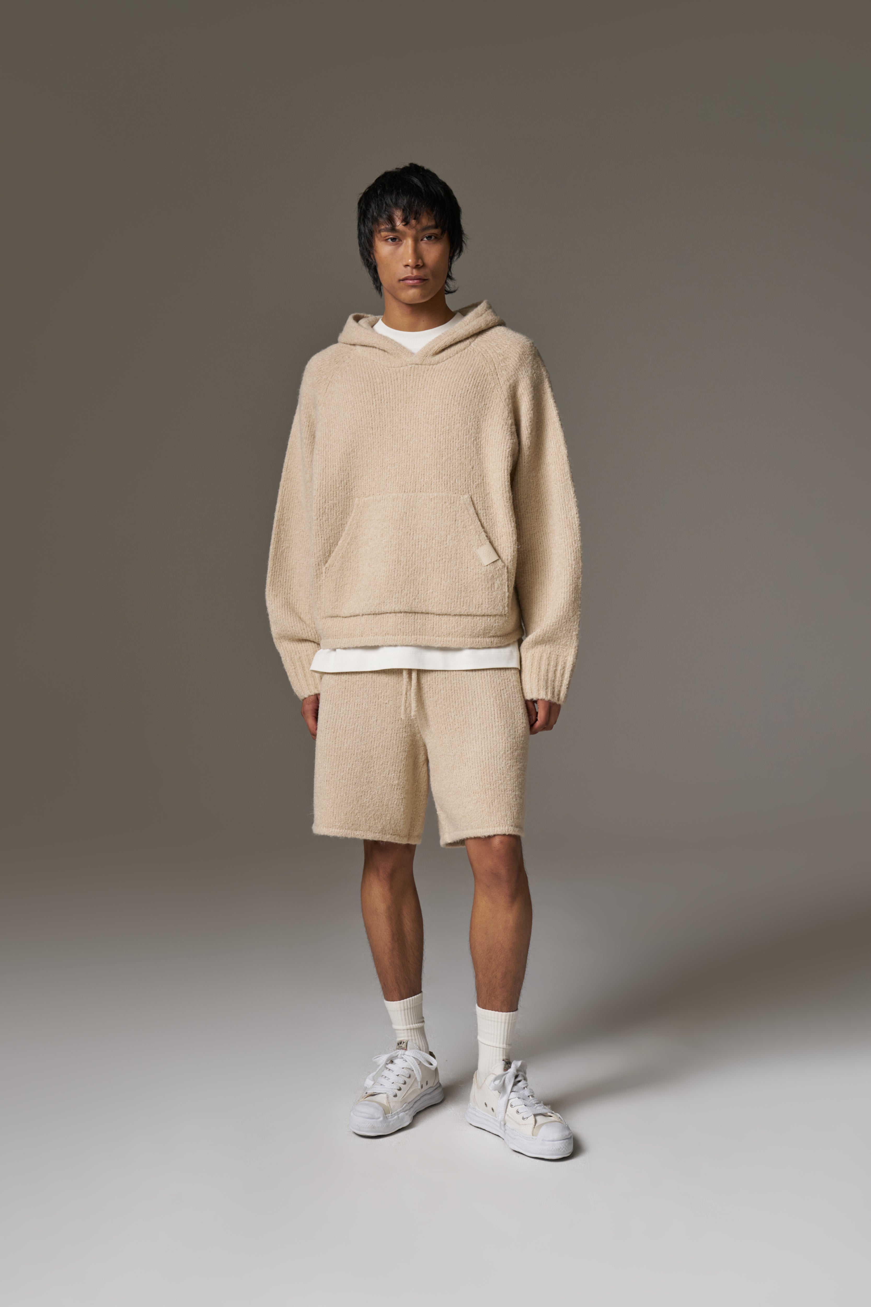 BOUCLE KNIT HOODIE - STONE
