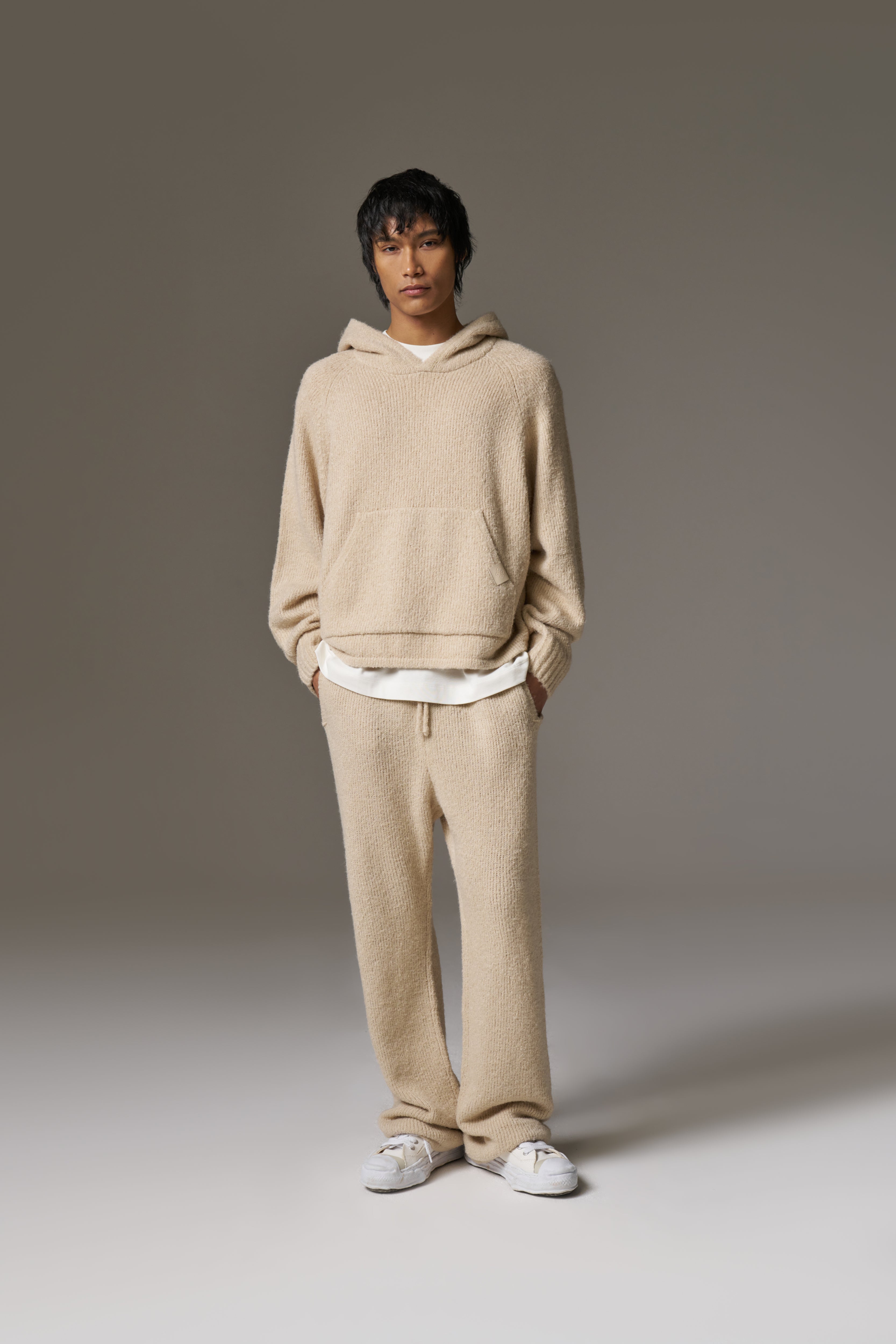 BOUCLE KNIT LONG SLEEVE POLO - STONE