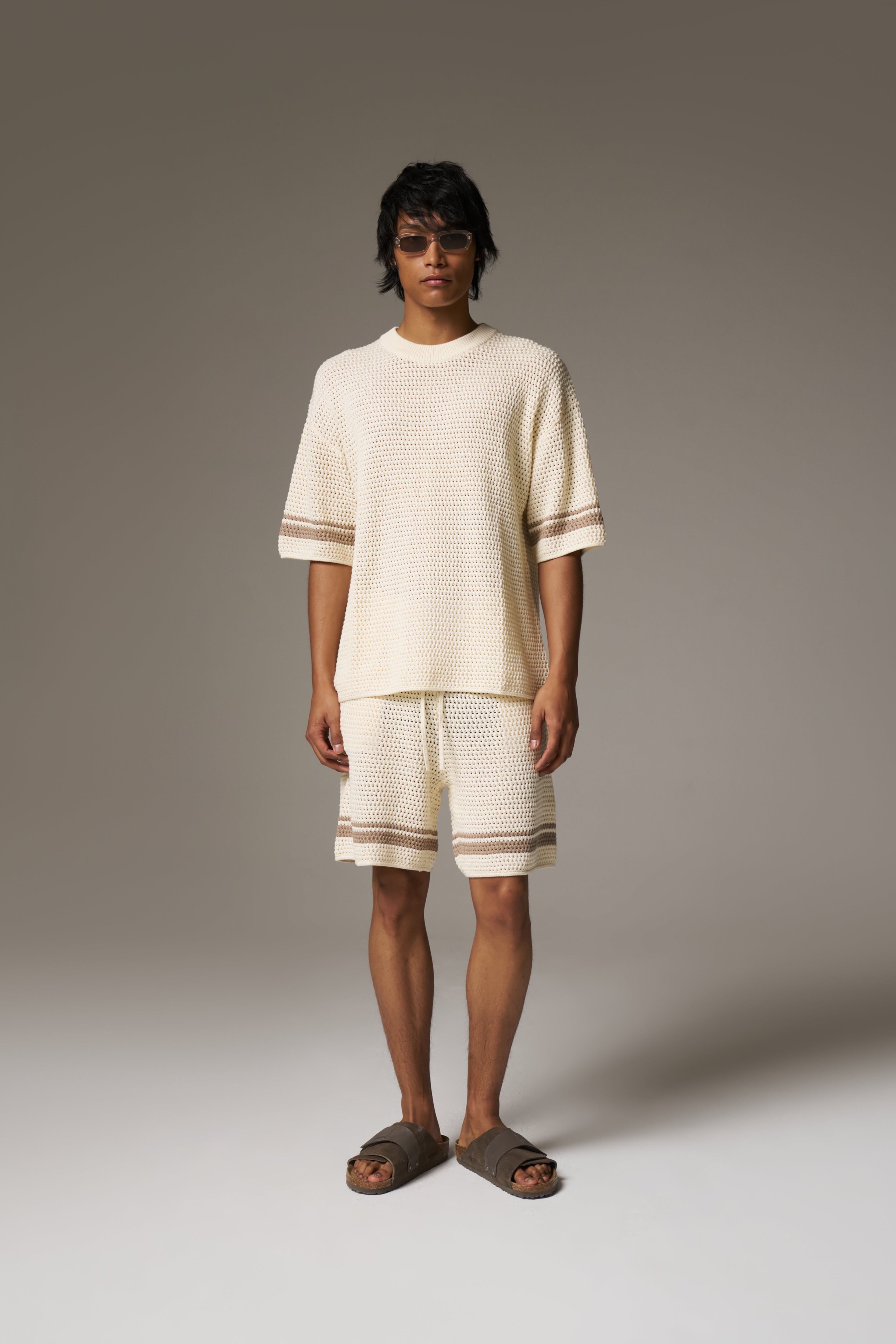 CROCHET KNITTED CONTRAST STRIPE T-SHIRT - OFF WHITE
