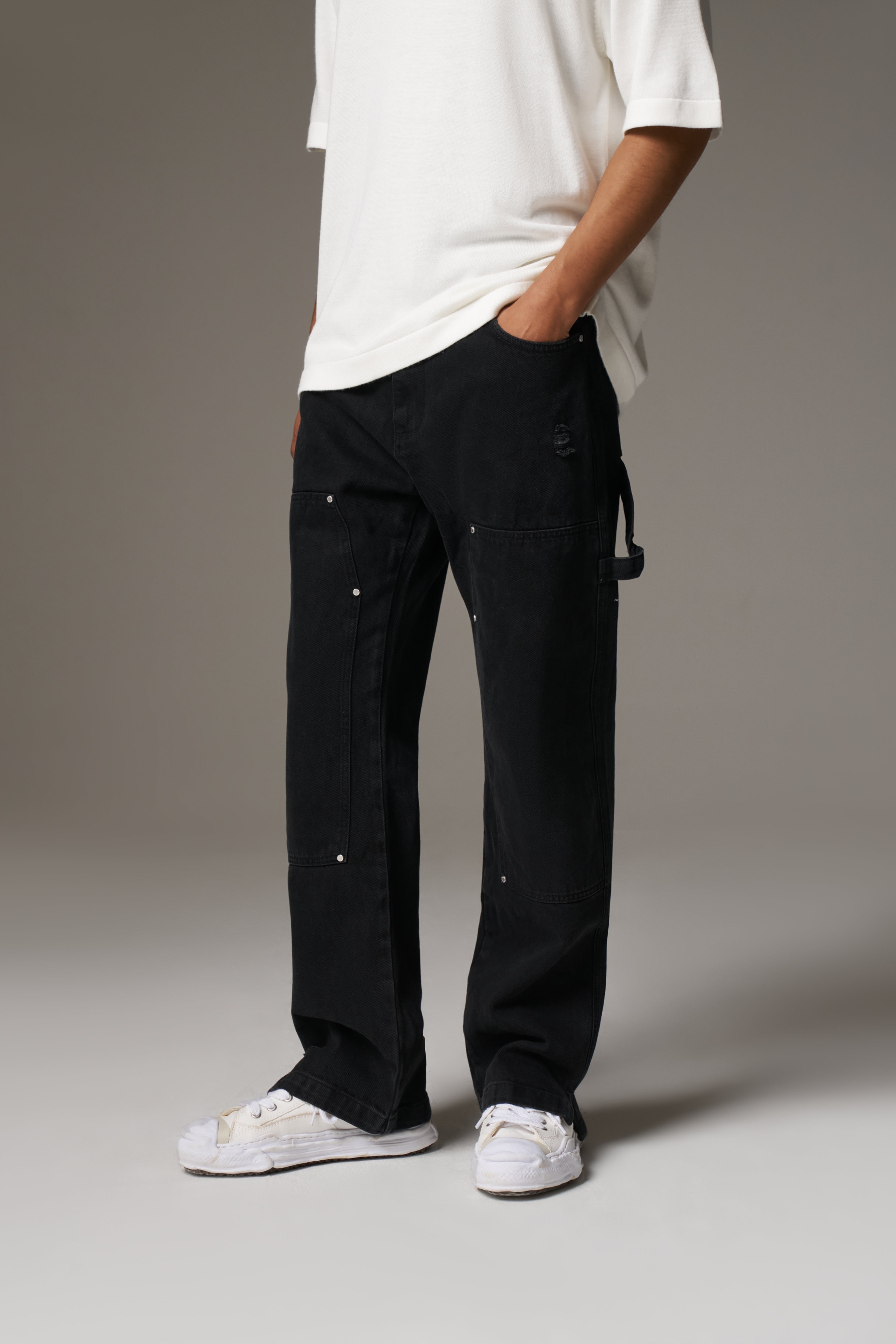 DENIM RIVET DETAIL CARPENTER JEANS - BLACK WASH