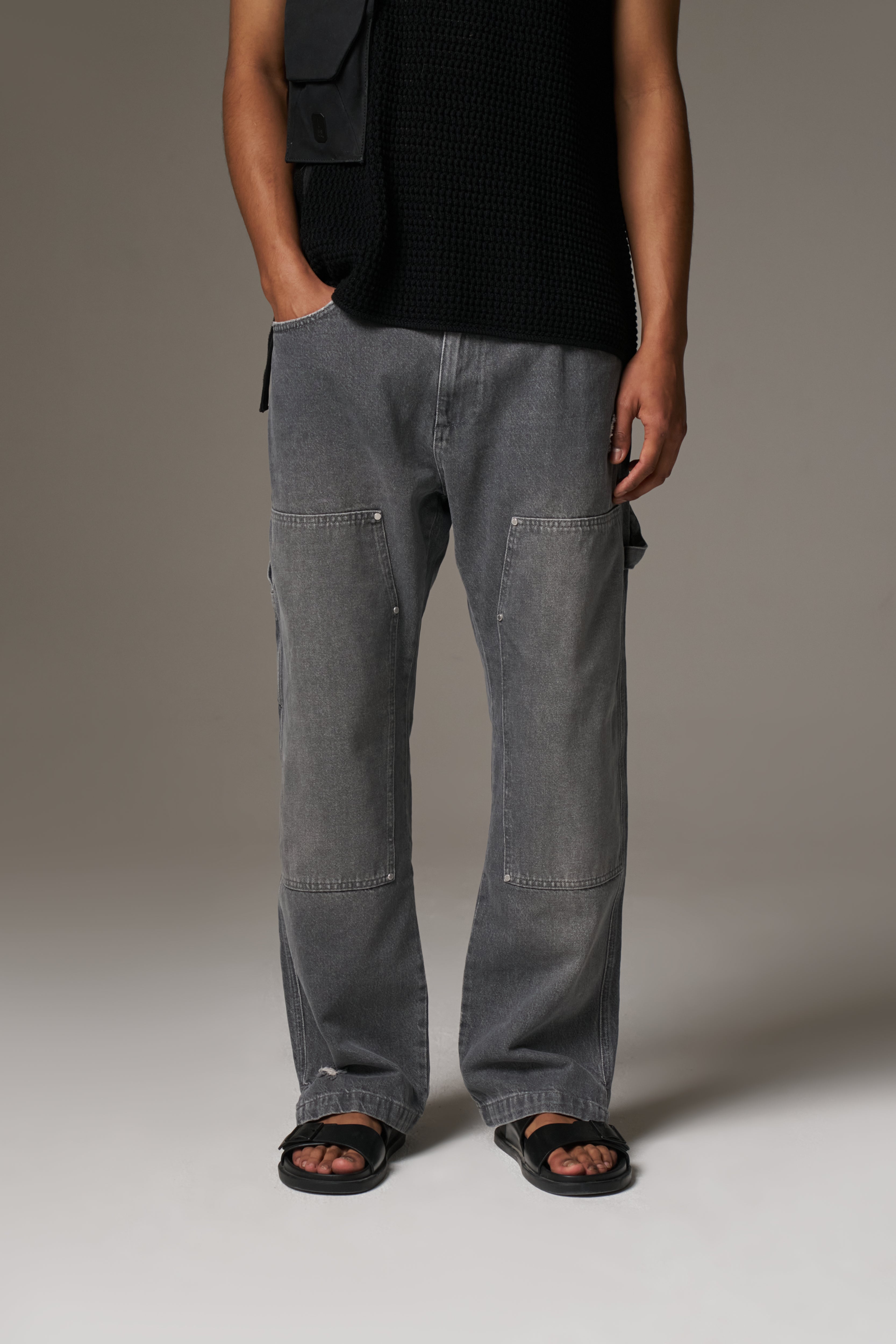 DENIM RIVET DETAIL CARPENTER JEANS - GREY WASH