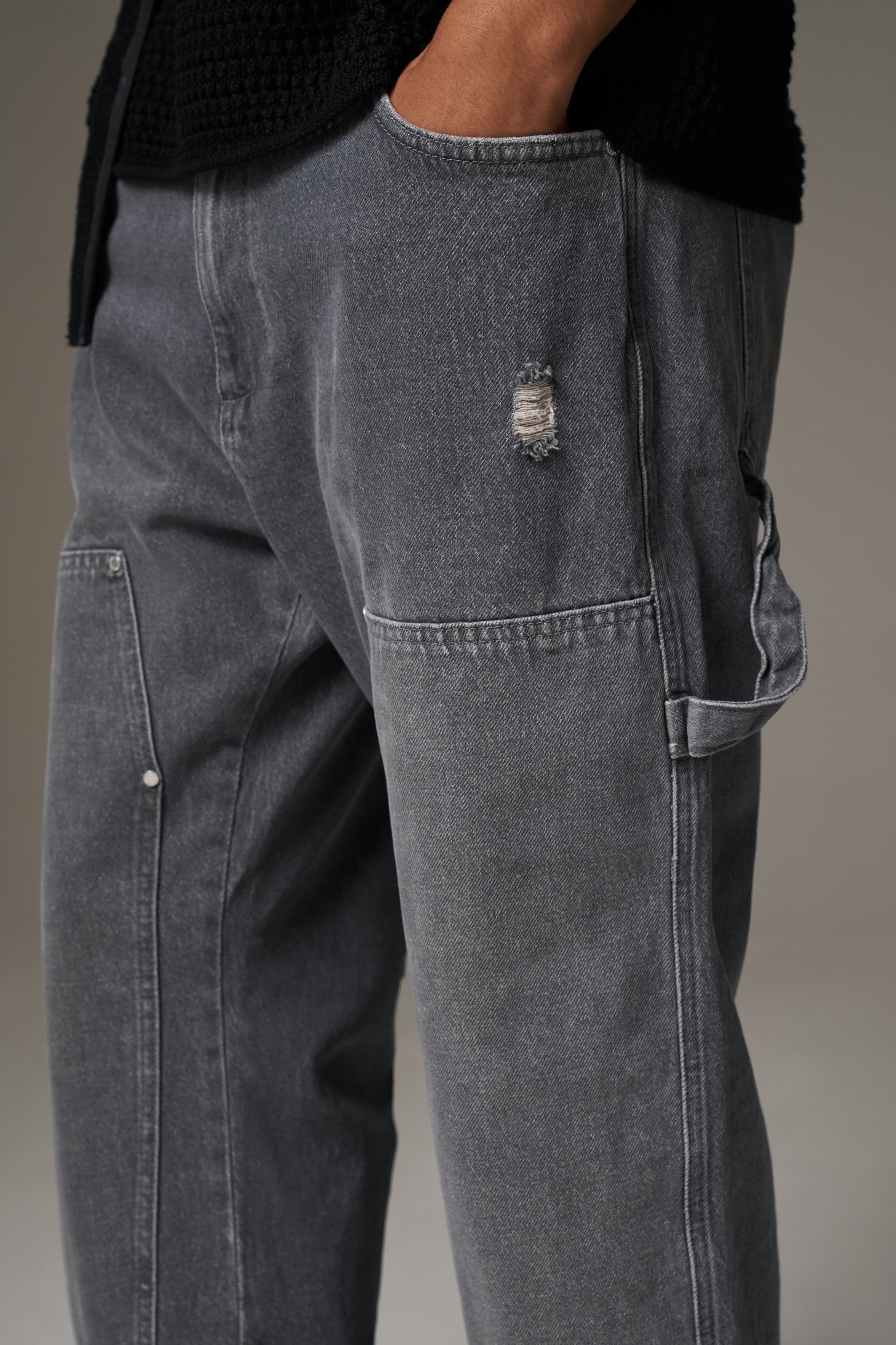 DENIM RIVET DETAIL CARPENTER JEANS - GREY WASH