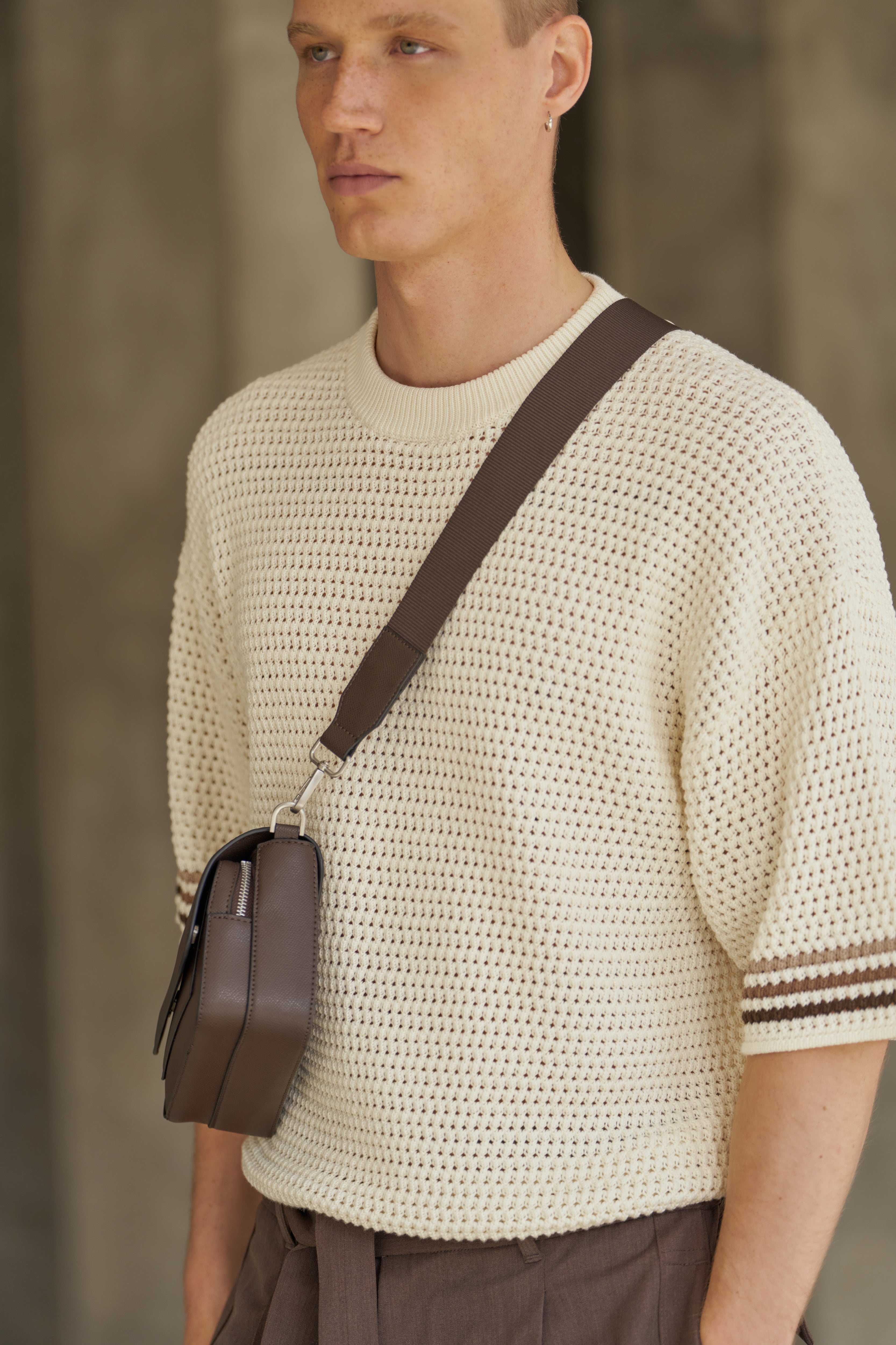 STRIPE CROCHET KNIT T-SHIRT - OFF WHITE