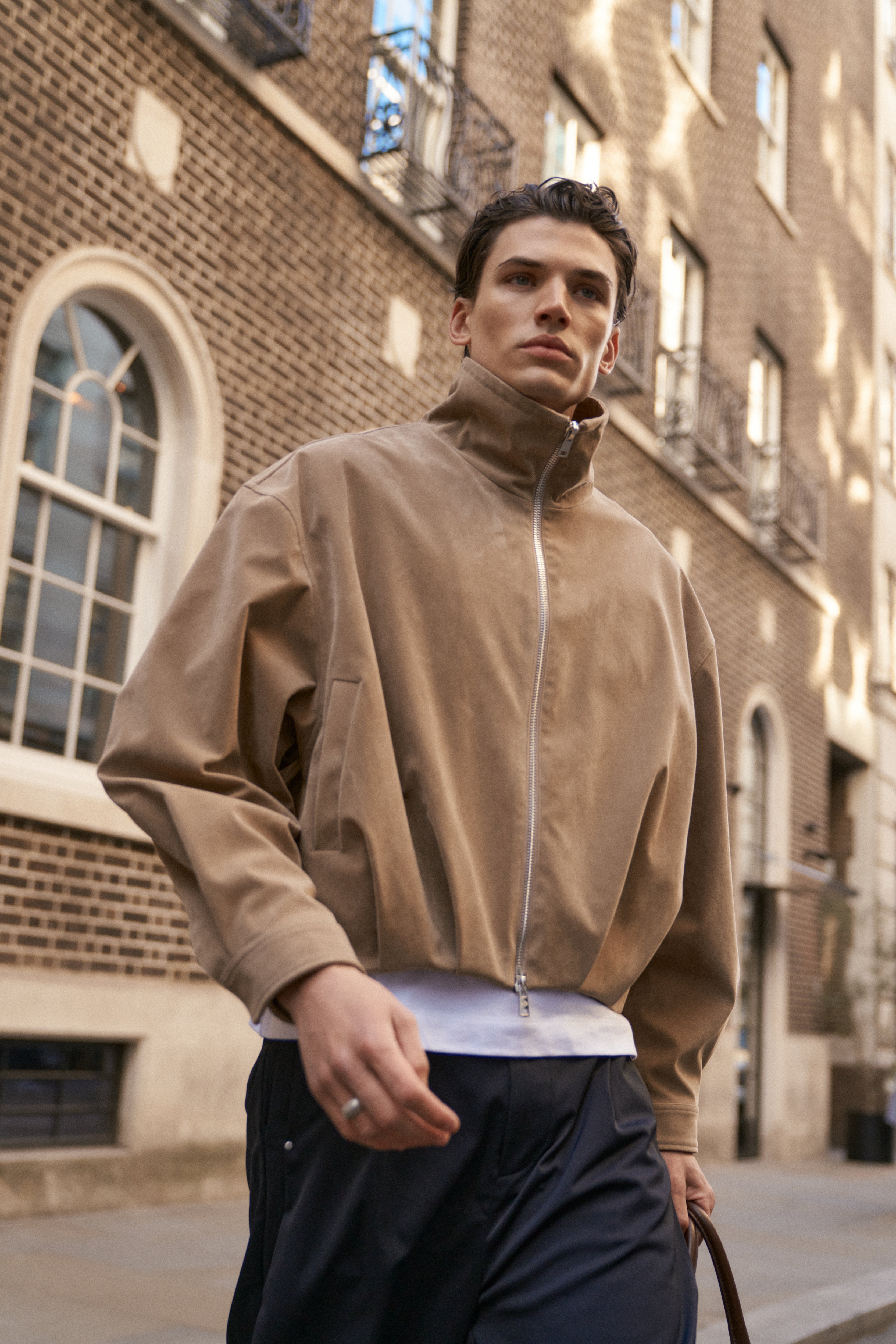 FAUX SUEDE FUNNEL NECK JACKET - BEIGE