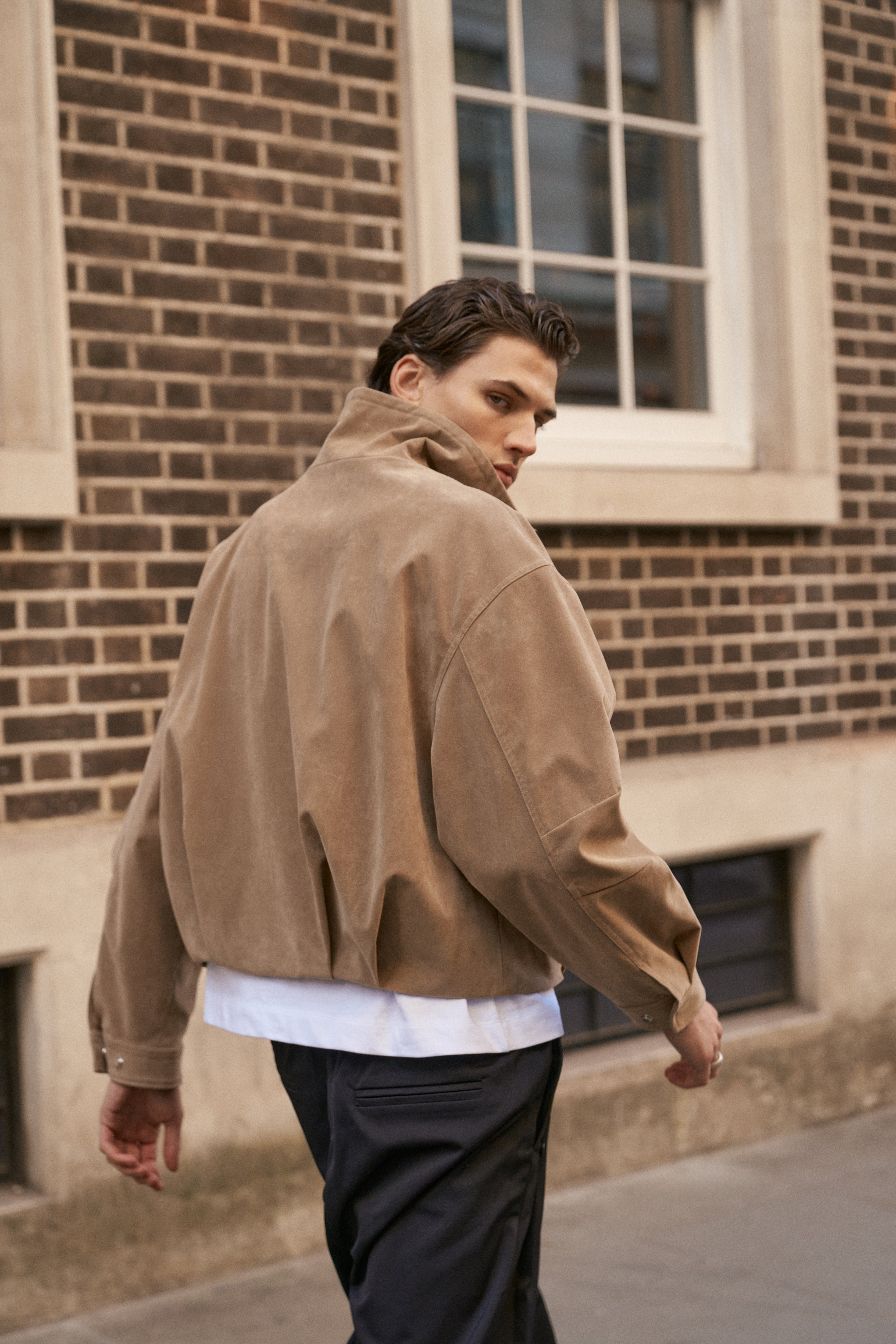 FAUX SUEDE FUNNEL NECK JACKET - BEIGE