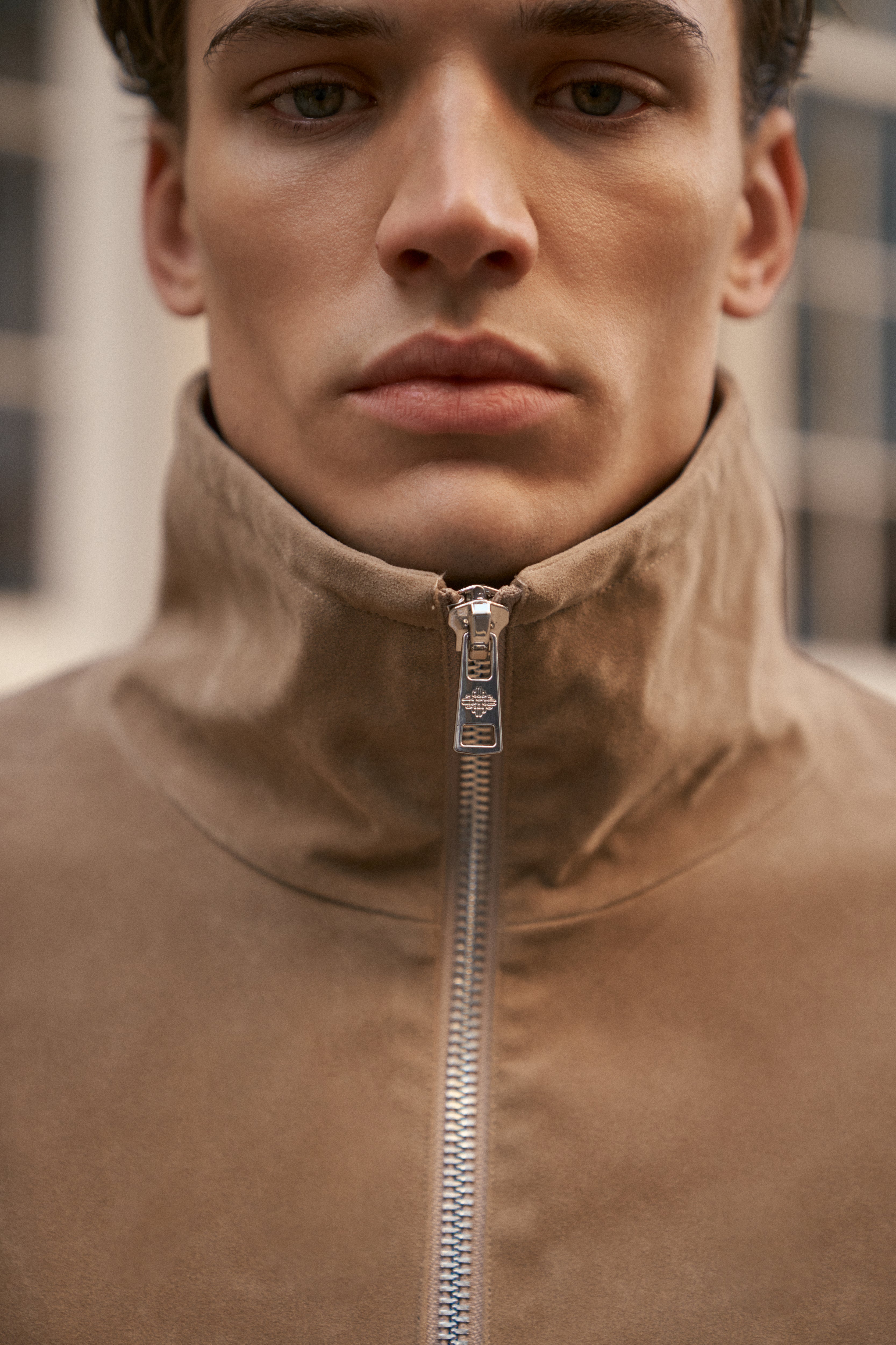 FAUX SUEDE FUNNEL NECK JACKET - BEIGE