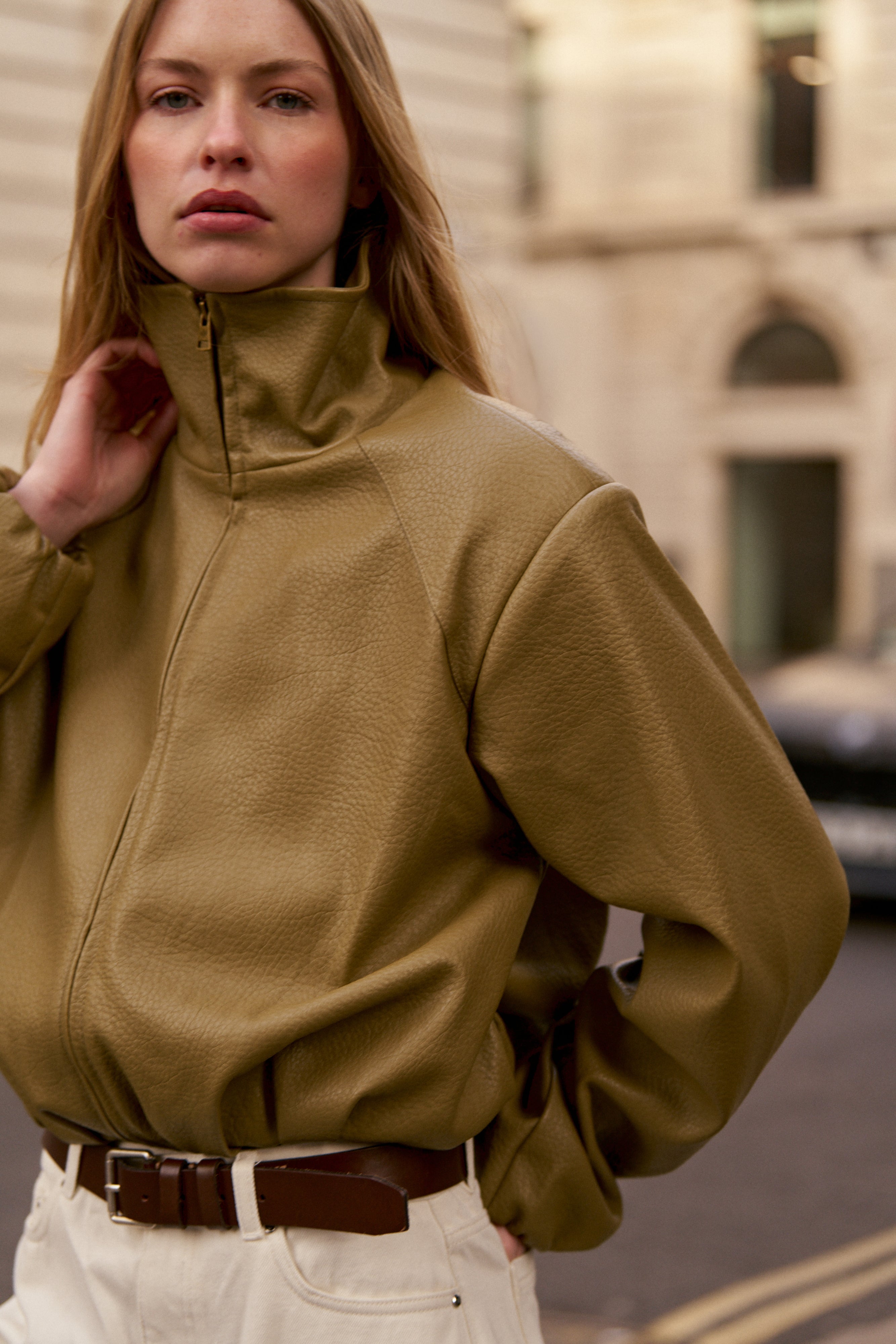 FUNNEL NECK BALLOON HEM FAUX LEATHER JACKET - OLIVE