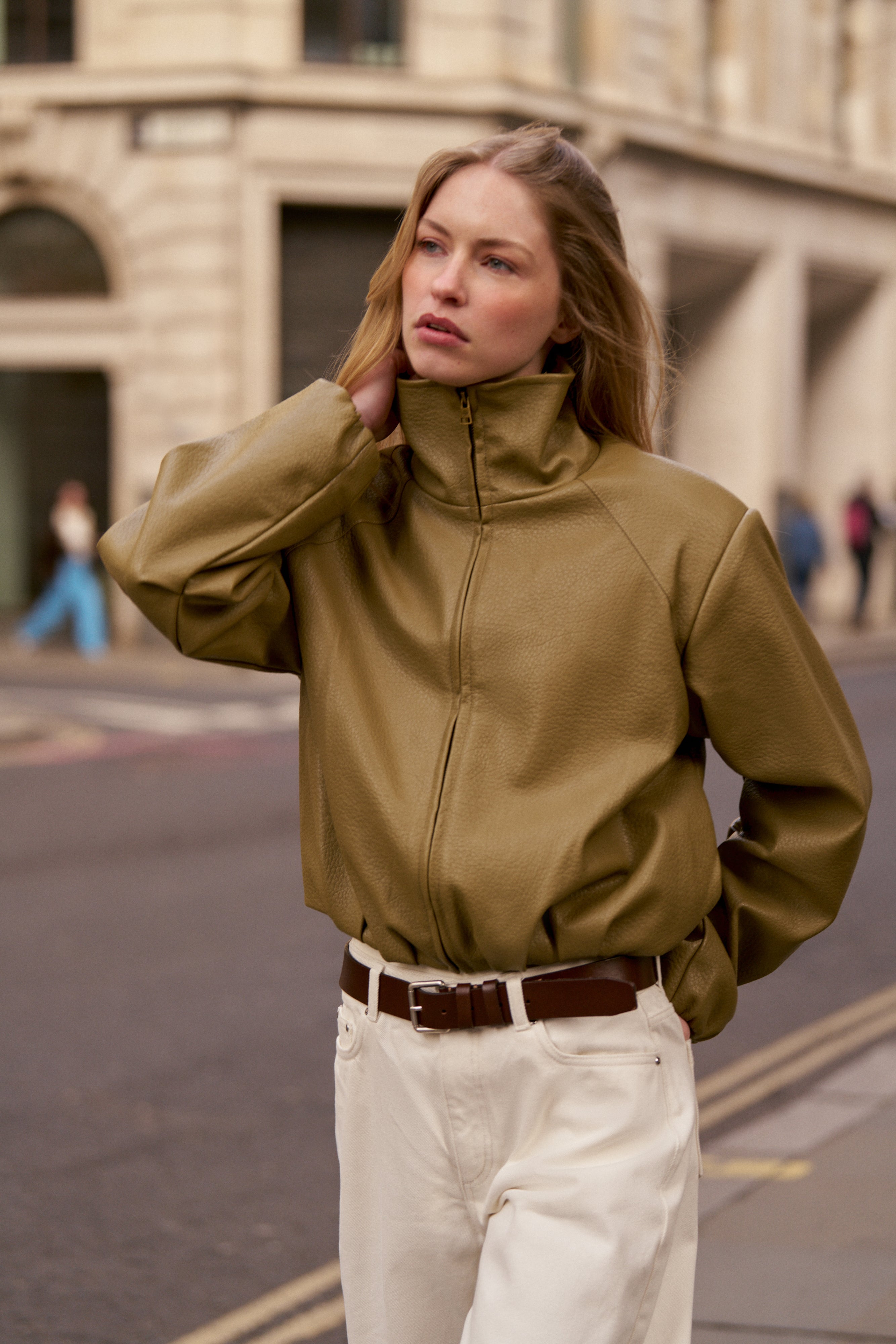 FUNNEL NECK BALLOON HEM FAUX LEATHER JACKET - OLIVE