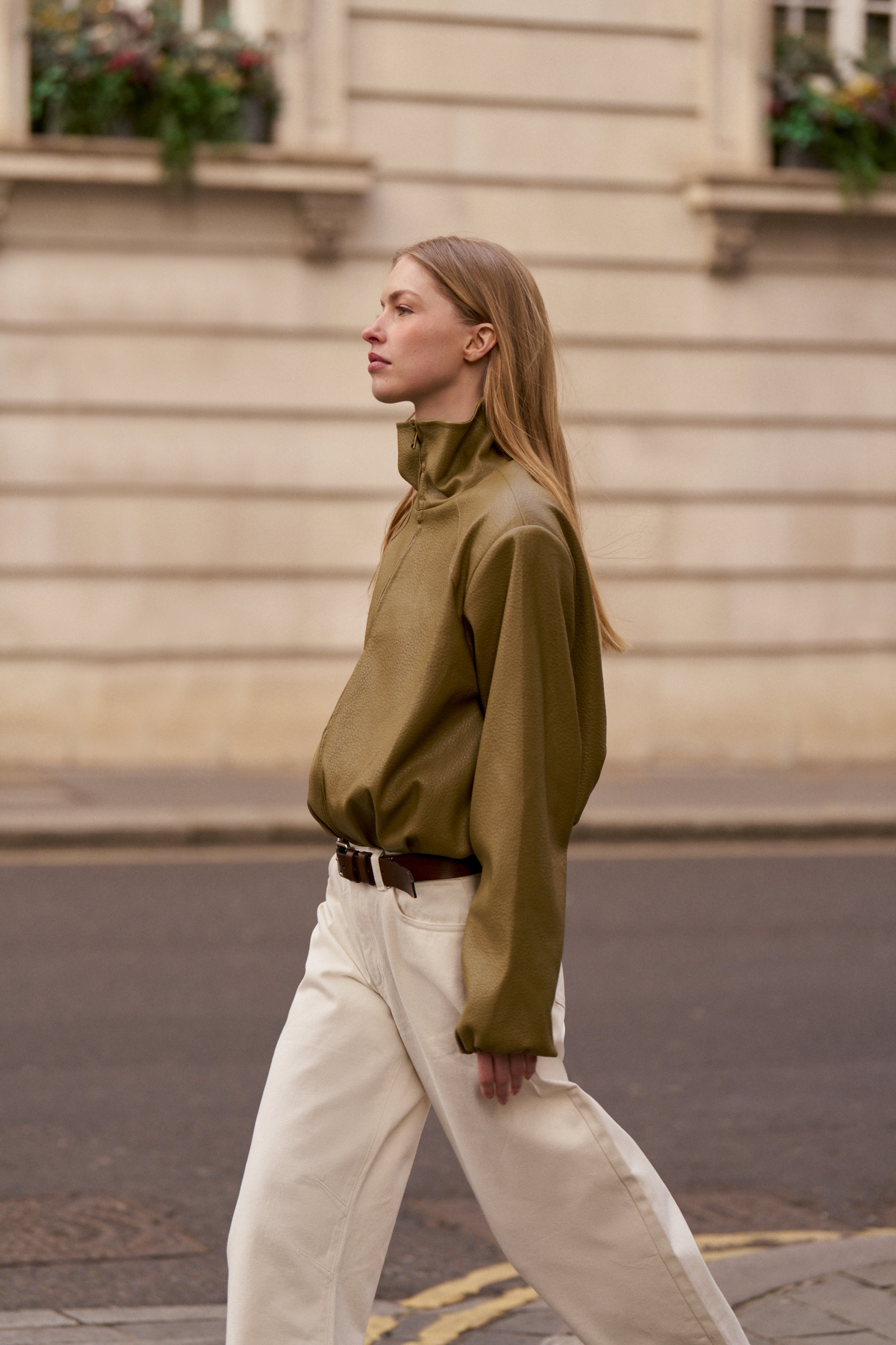 FUNNEL NECK BALLOON HEM FAUX LEATHER JACKET - OLIVE