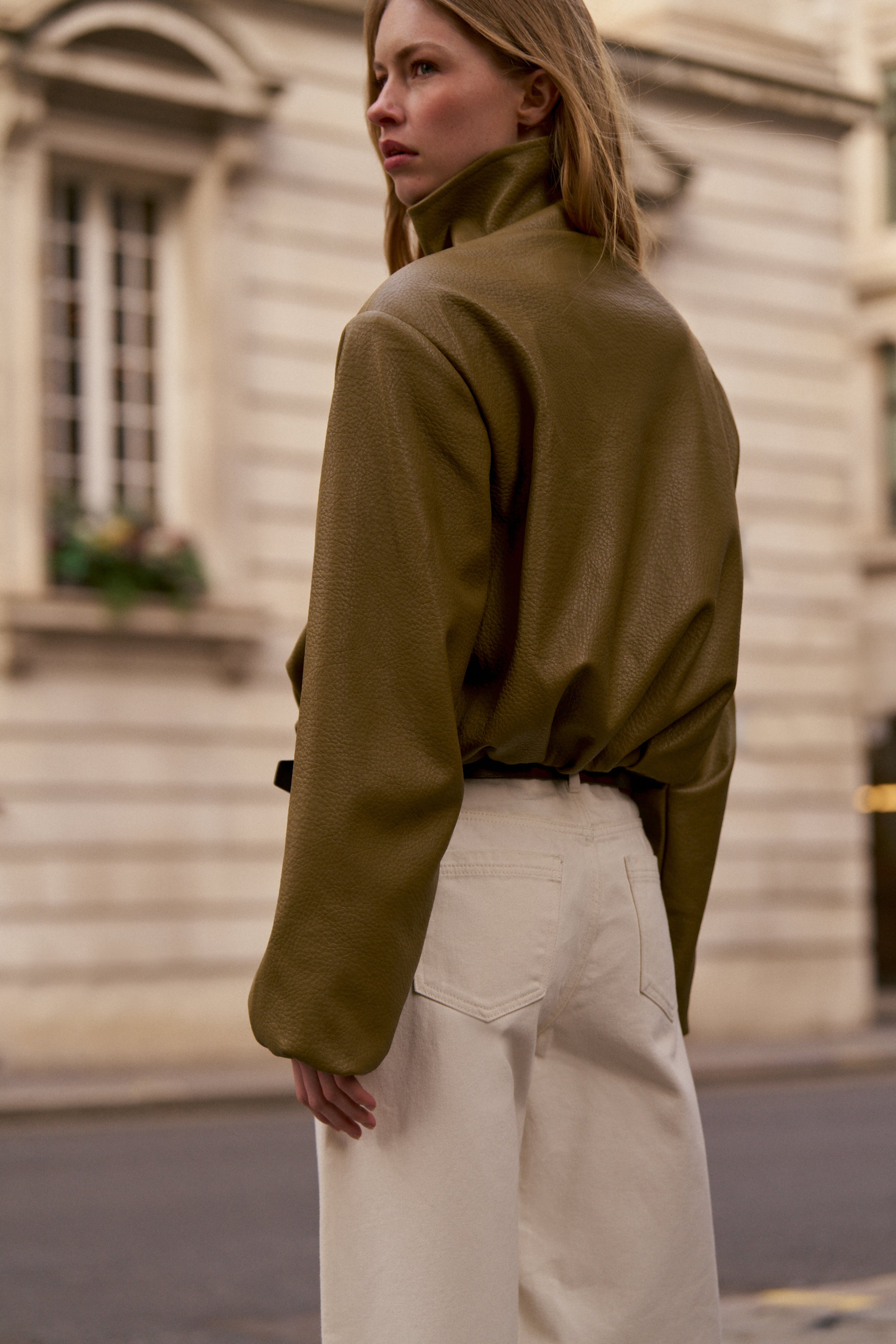FUNNEL NECK BALLOON HEM FAUX LEATHER JACKET - OLIVE