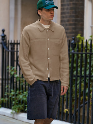 CONTRAST KNIT CROCHET LONG SLEEVE SHIRT - BROWN