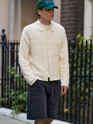 CONTRAST KNIT CROCHET LONG SLEEVE SHIRT - OFF WHITE