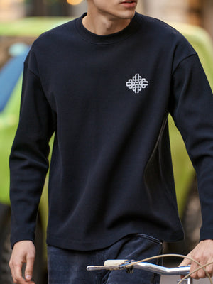 VINTAGE PRINT WAFFLE LONG SLEEVE T-SHIRT - BLACK