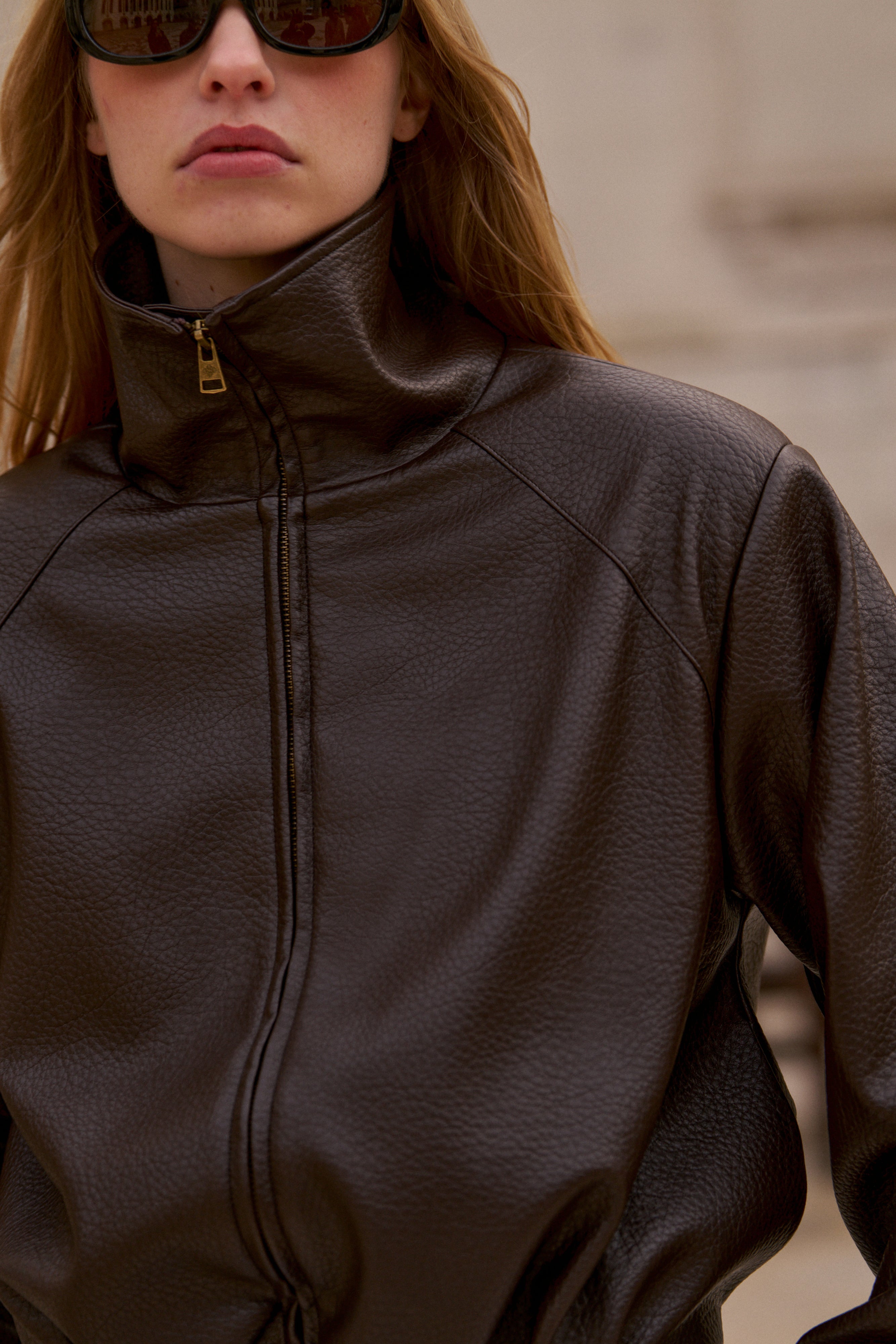 FUNNEL NECK BALLOON HEM FAUX LEATHER JACKET - BROWN