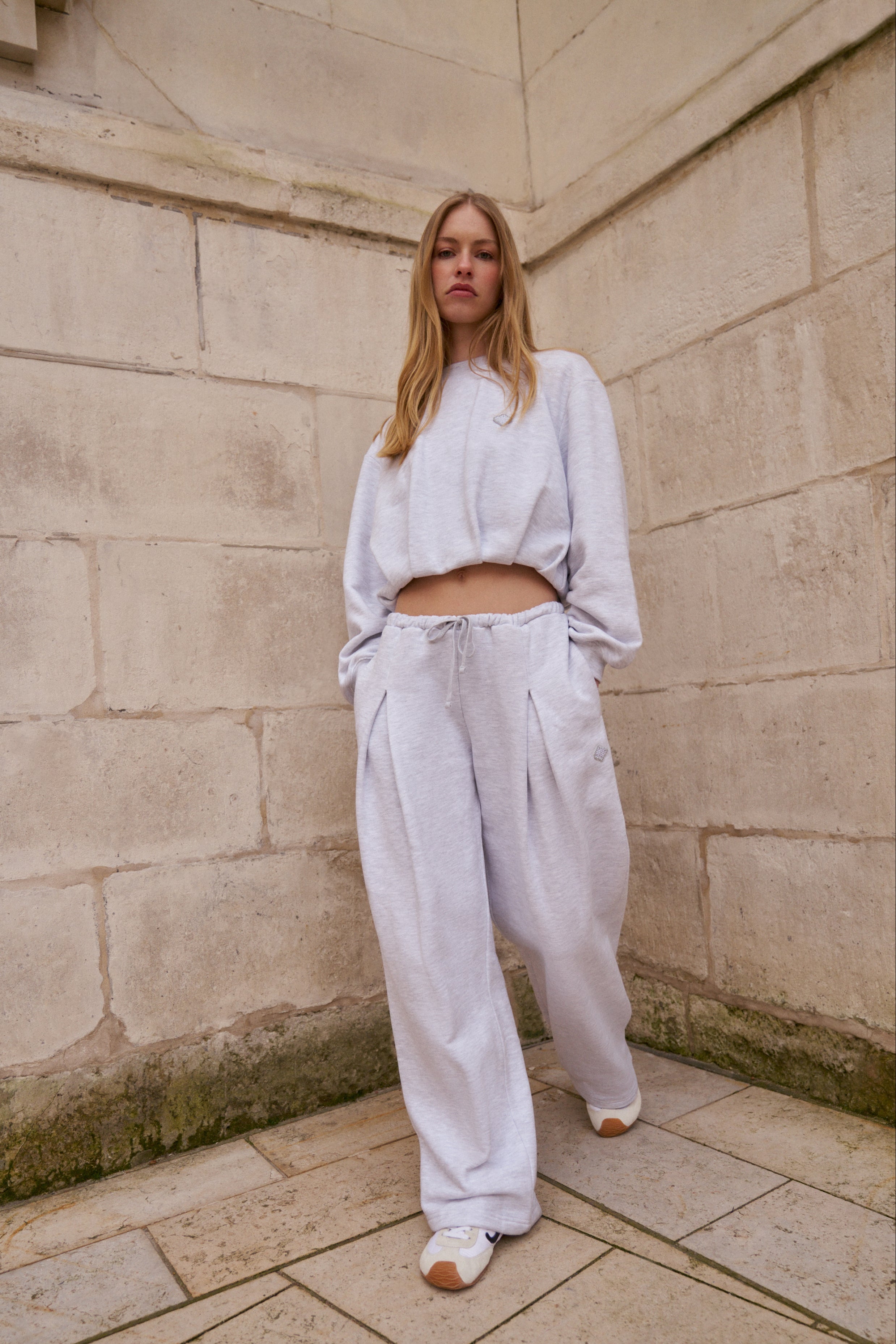 PLEAT DETAIL WIDE LEG JOGGERS - GREY MARL