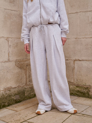 PLEAT DETAIL WIDE LEG JOGGERS - GREY MARL