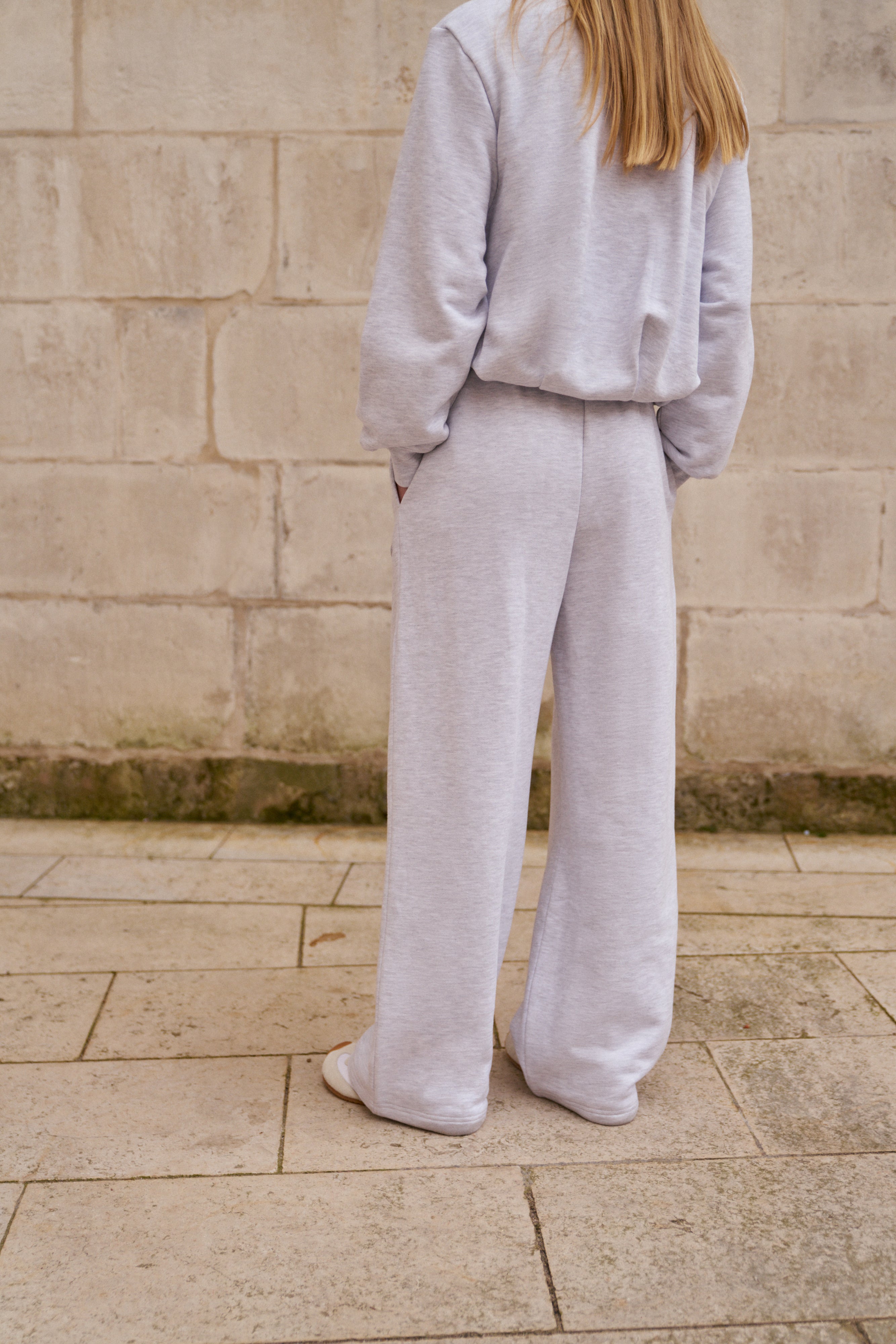 PLEAT DETAIL WIDE LEG JOGGERS - GREY MARL