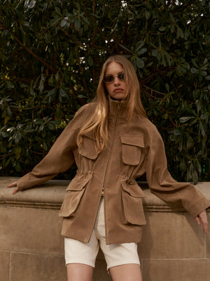 FAUX SUEDE BELLOW POCKET RUCHED WAIST JACKET - BEIGE