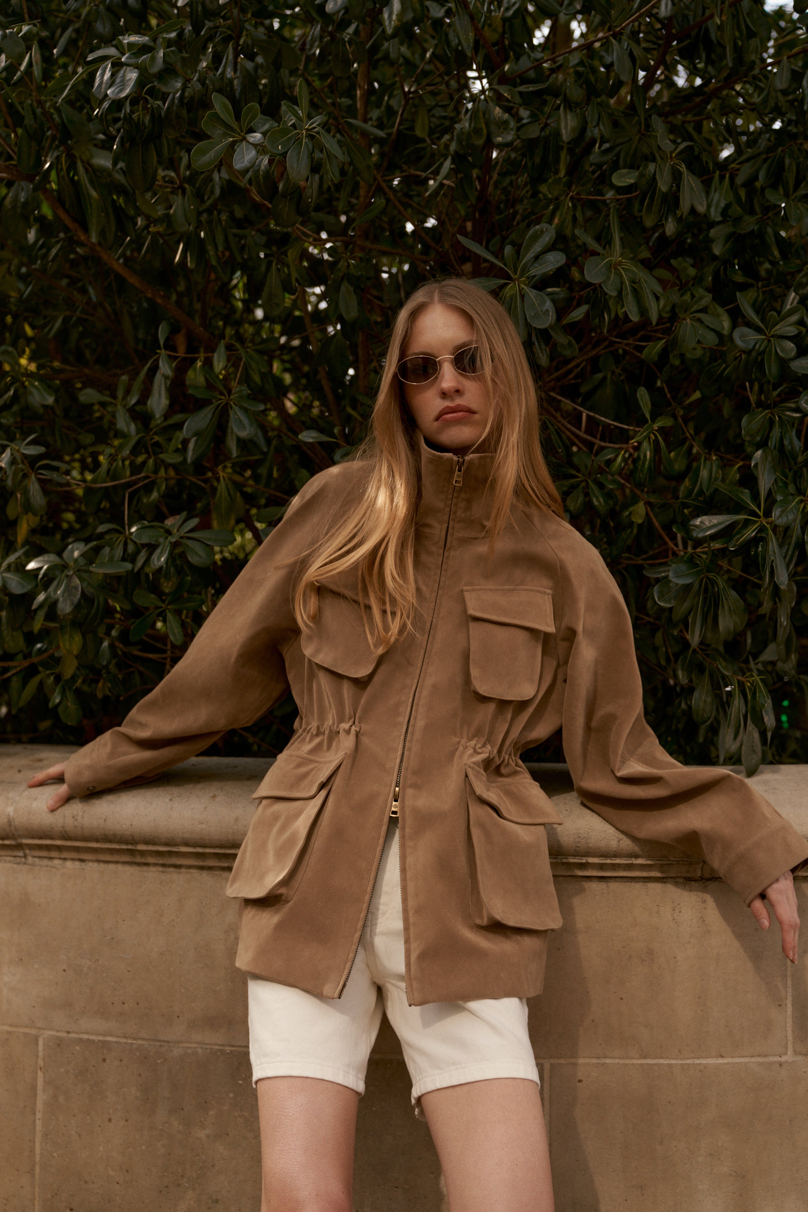 FAUX SUEDE BELLOW POCKET RUCHED WAIST JACKET - BEIGE