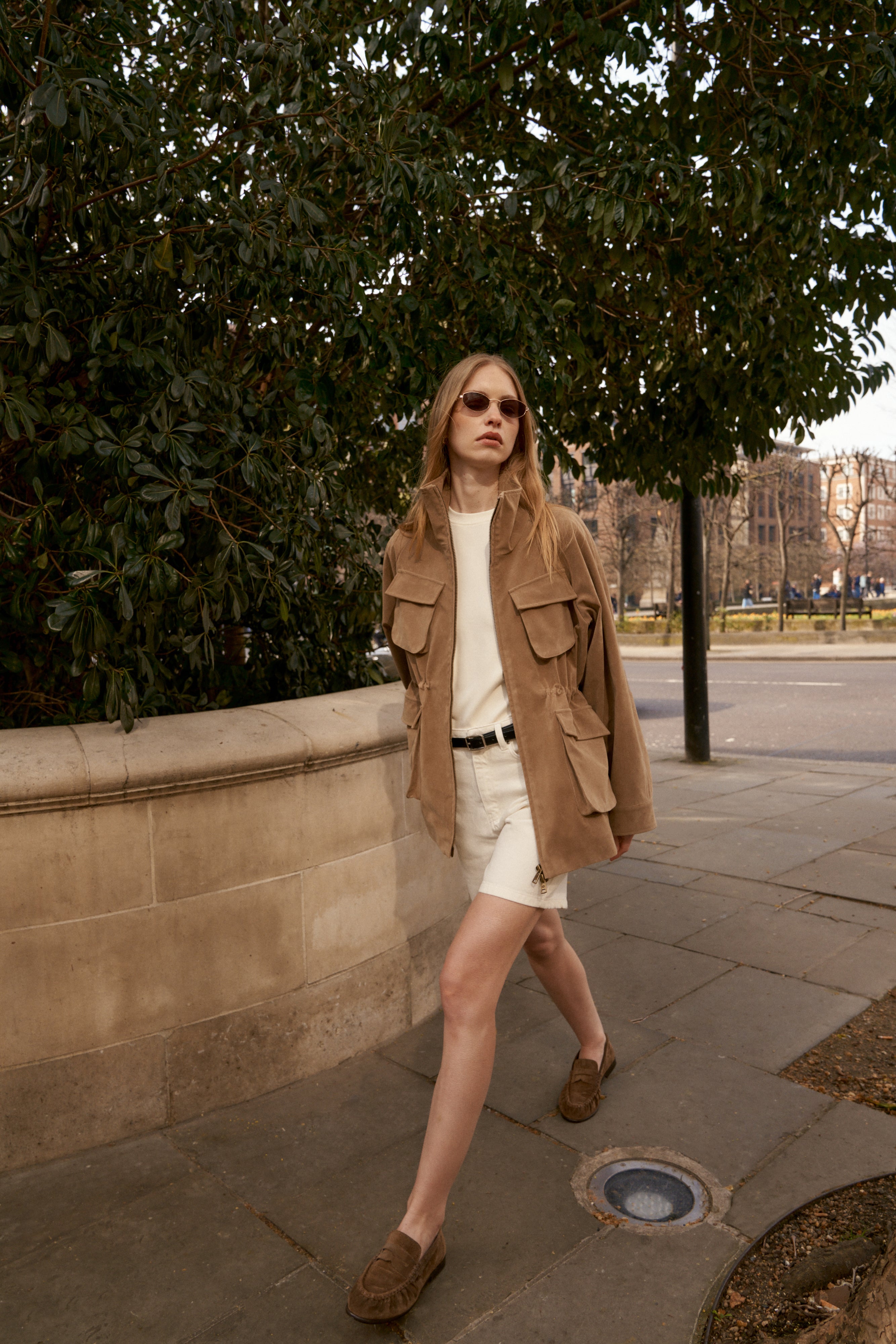 FAUX SUEDE BELLOW POCKET RUCHED WAIST JACKET - BEIGE