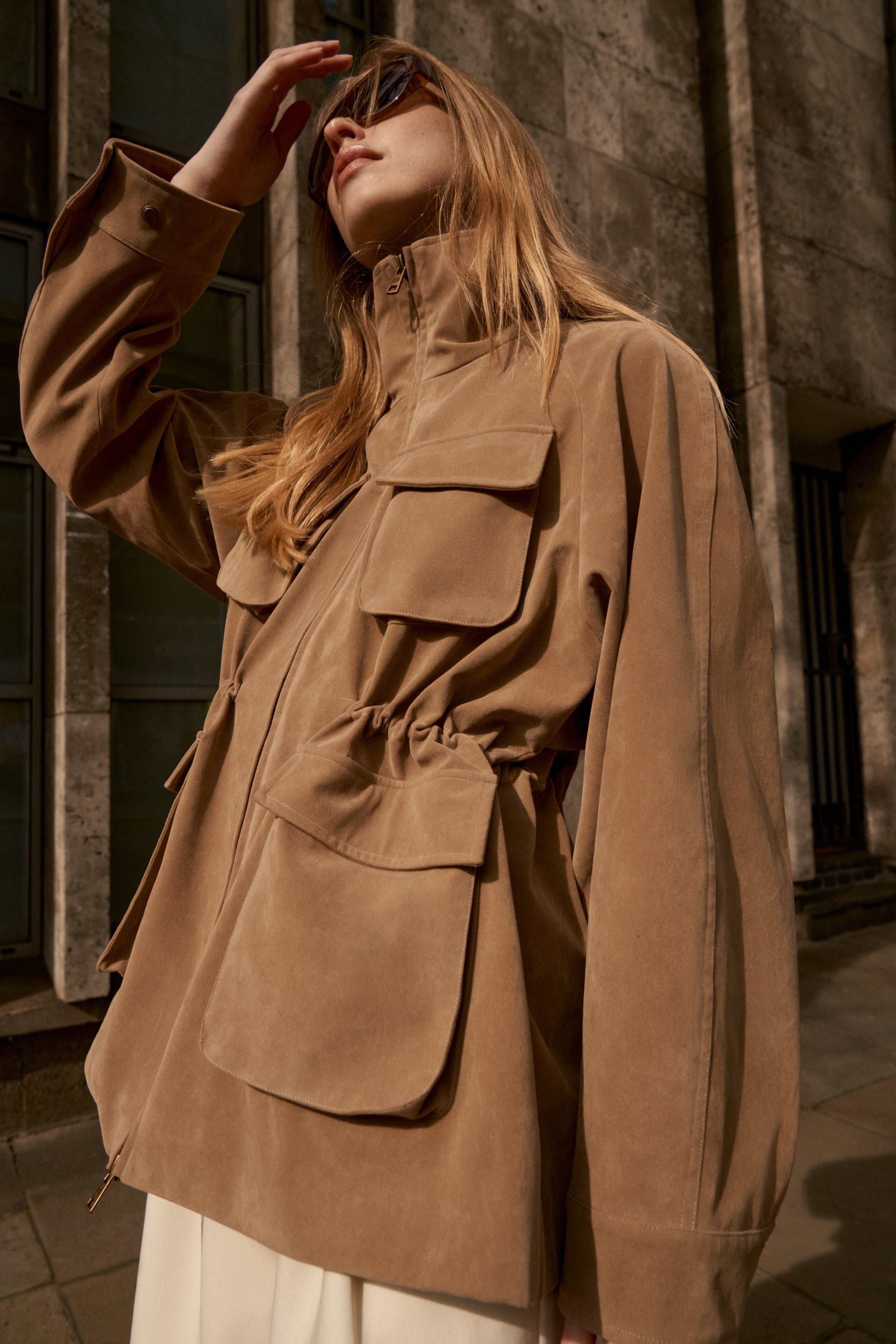 FAUX SUEDE BELLOW POCKET RUCHED WAIST JACKET - BEIGE