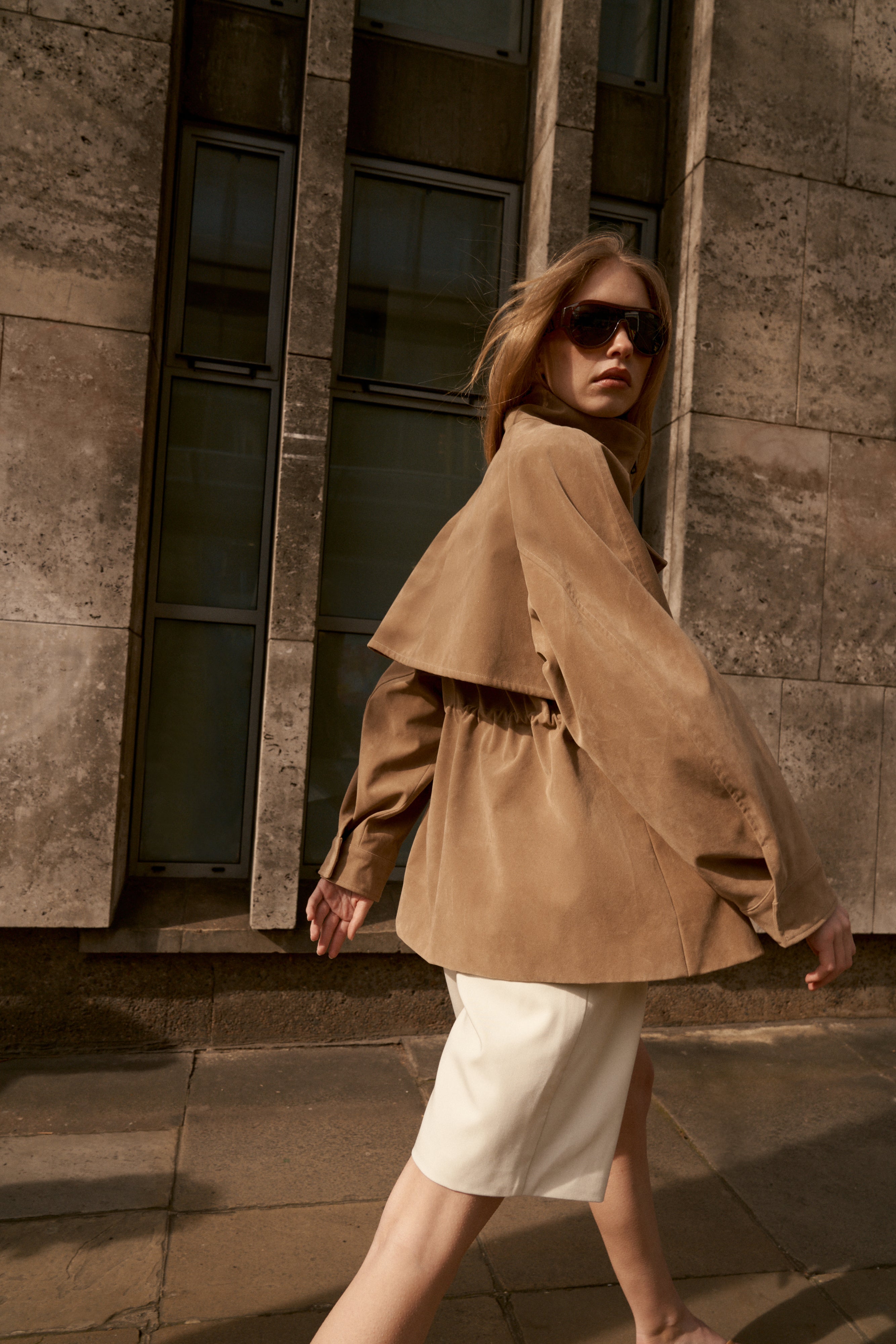 FAUX SUEDE BELLOW POCKET RUCHED WAIST JACKET - BEIGE