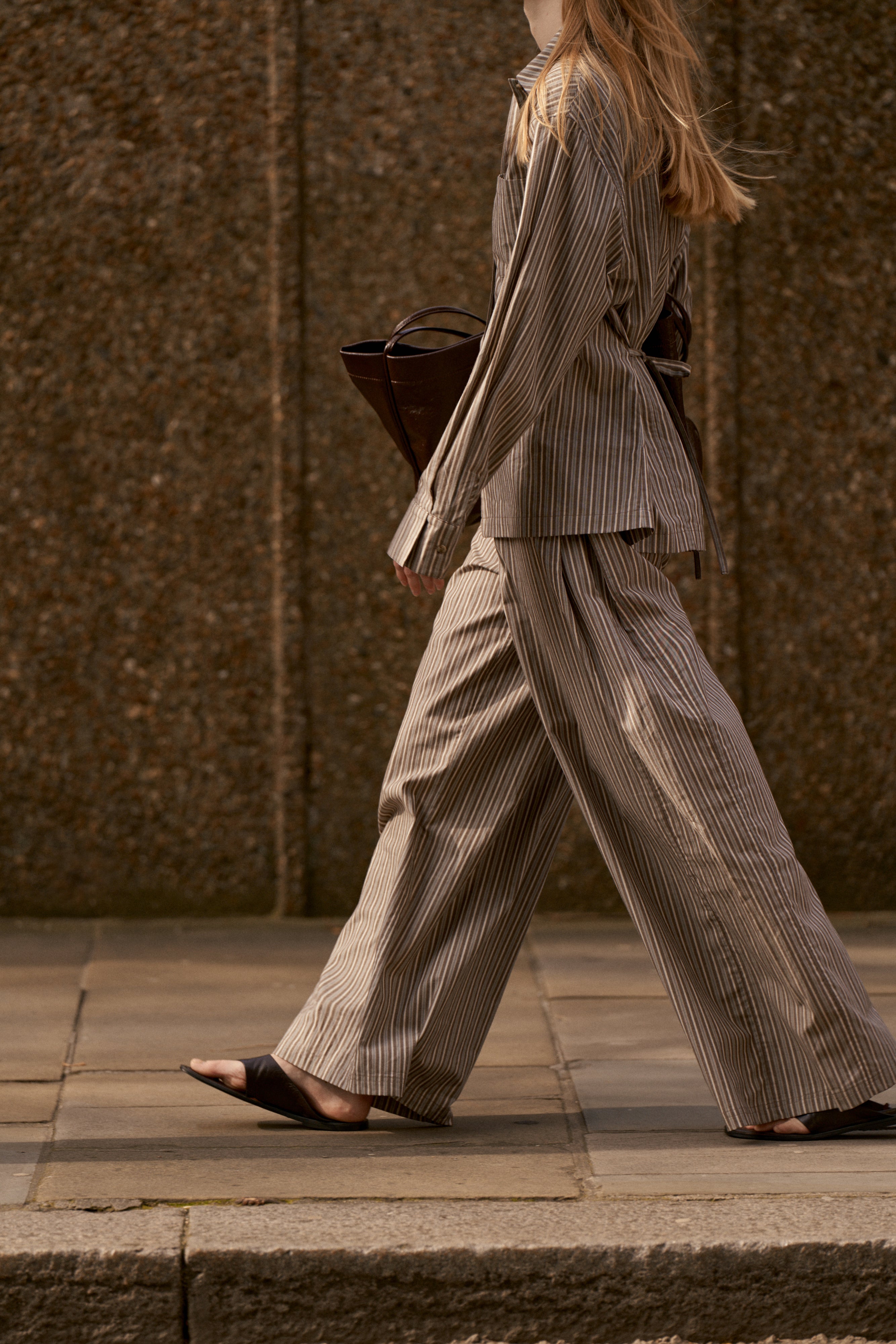 STRIPE WIDE LEG TROUSERS - KHAKI