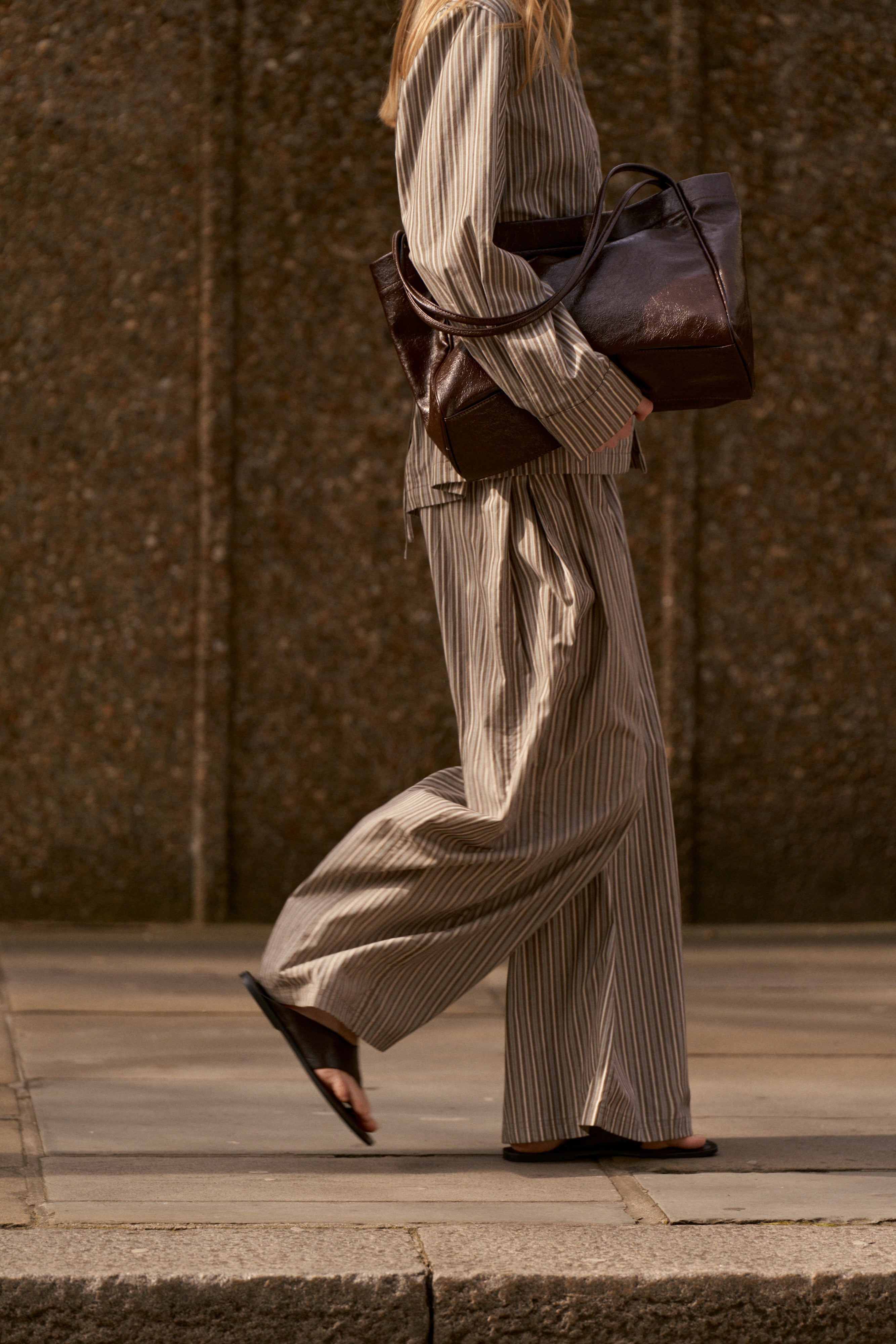 STRIPE WIDE LEG TROUSERS - KHAKI