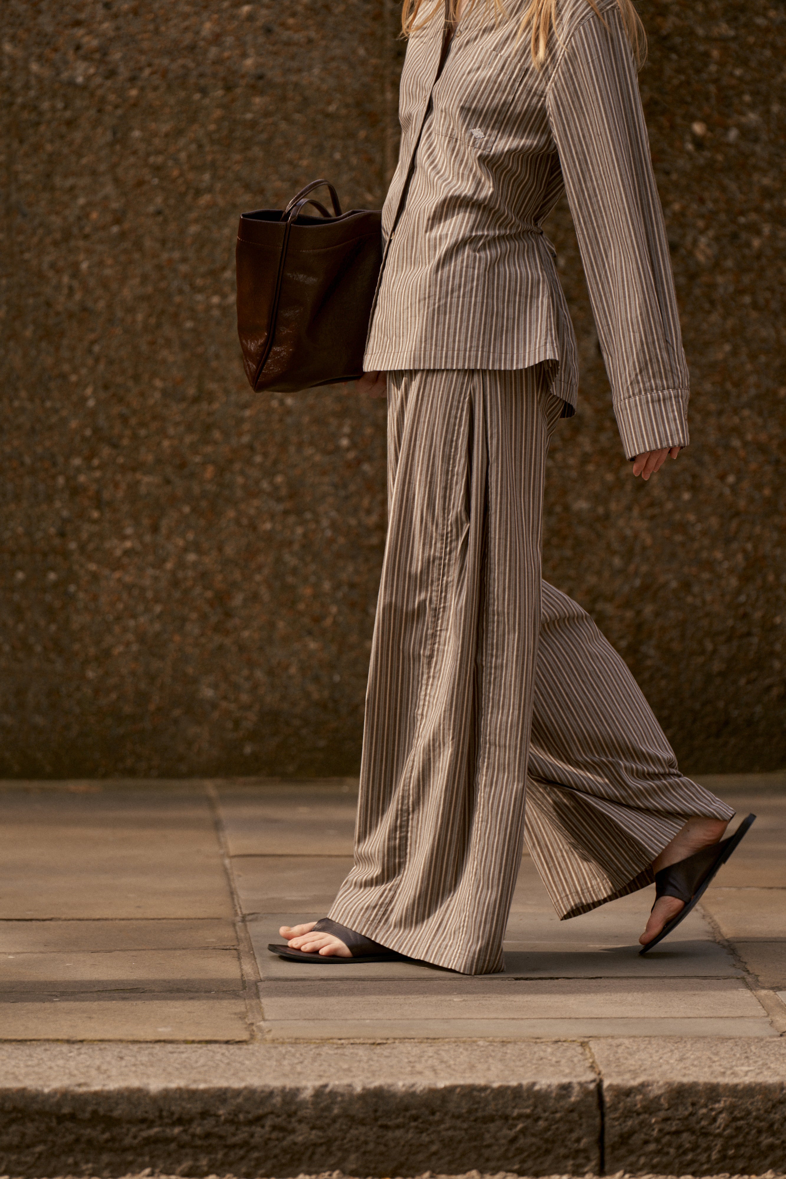 STRIPE WIDE LEG TROUSERS - KHAKI