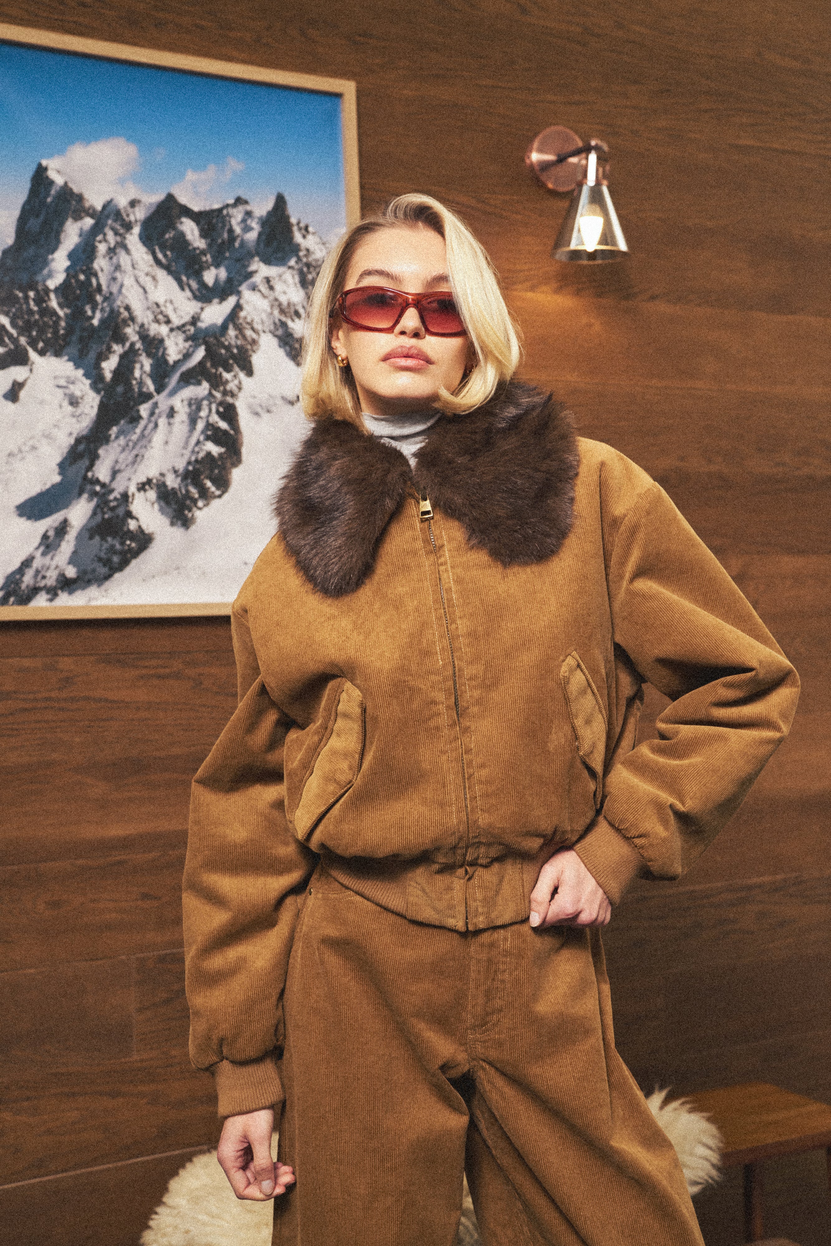 CORD FAUX FUR COLLAR BOMBER JACKET - TAN