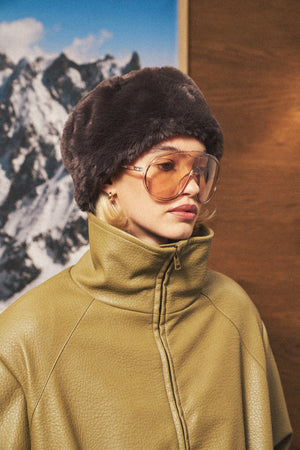 FUNNEL NECK BALLOON HEM FAUX LEATHER JACKET - OLIVE