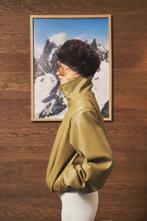 FUNNEL NECK BALLOON HEM FAUX LEATHER JACKET - OLIVE