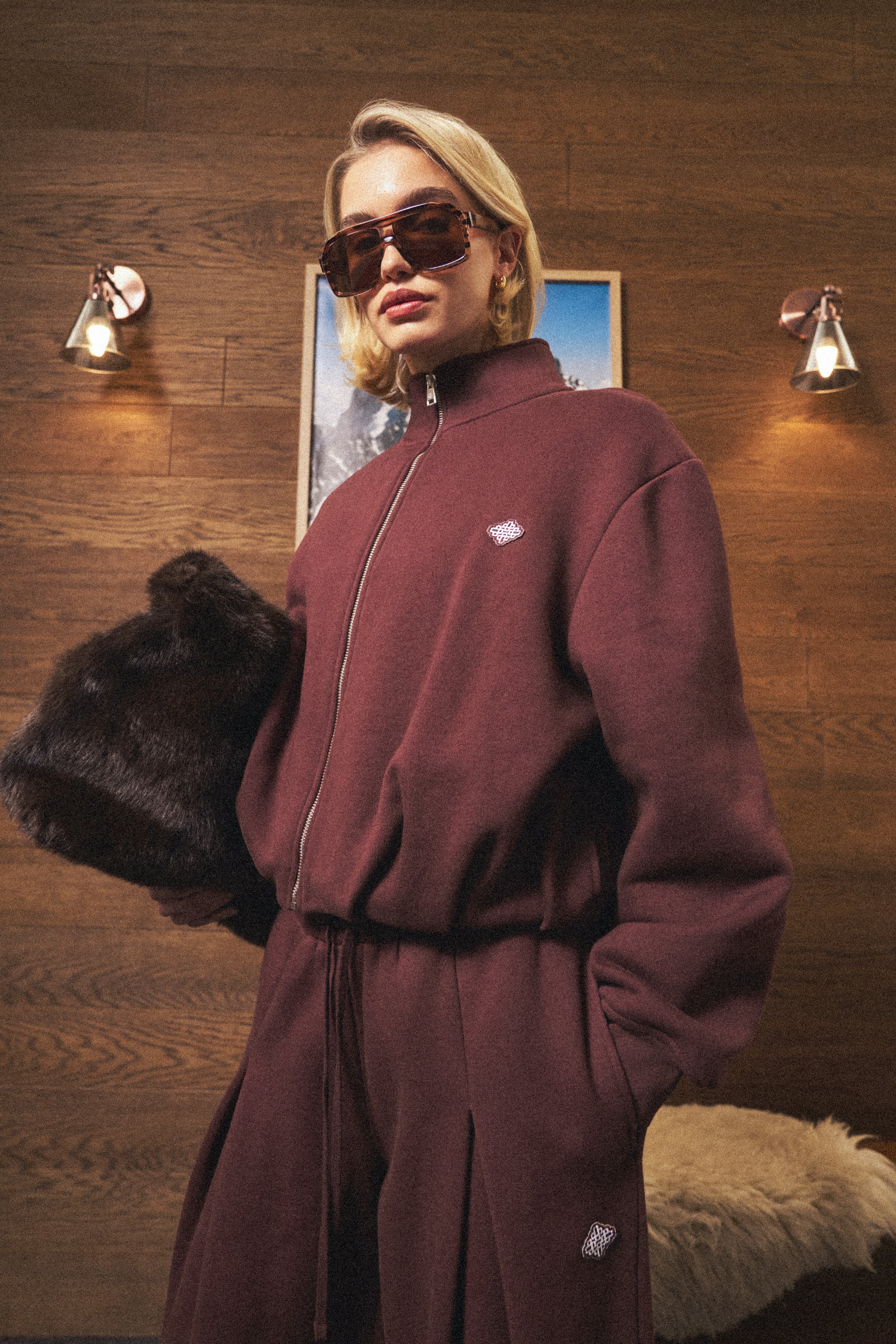 FUNNEL NECK BALLOON HEM ZIP THROUGH - CHOCOLATE