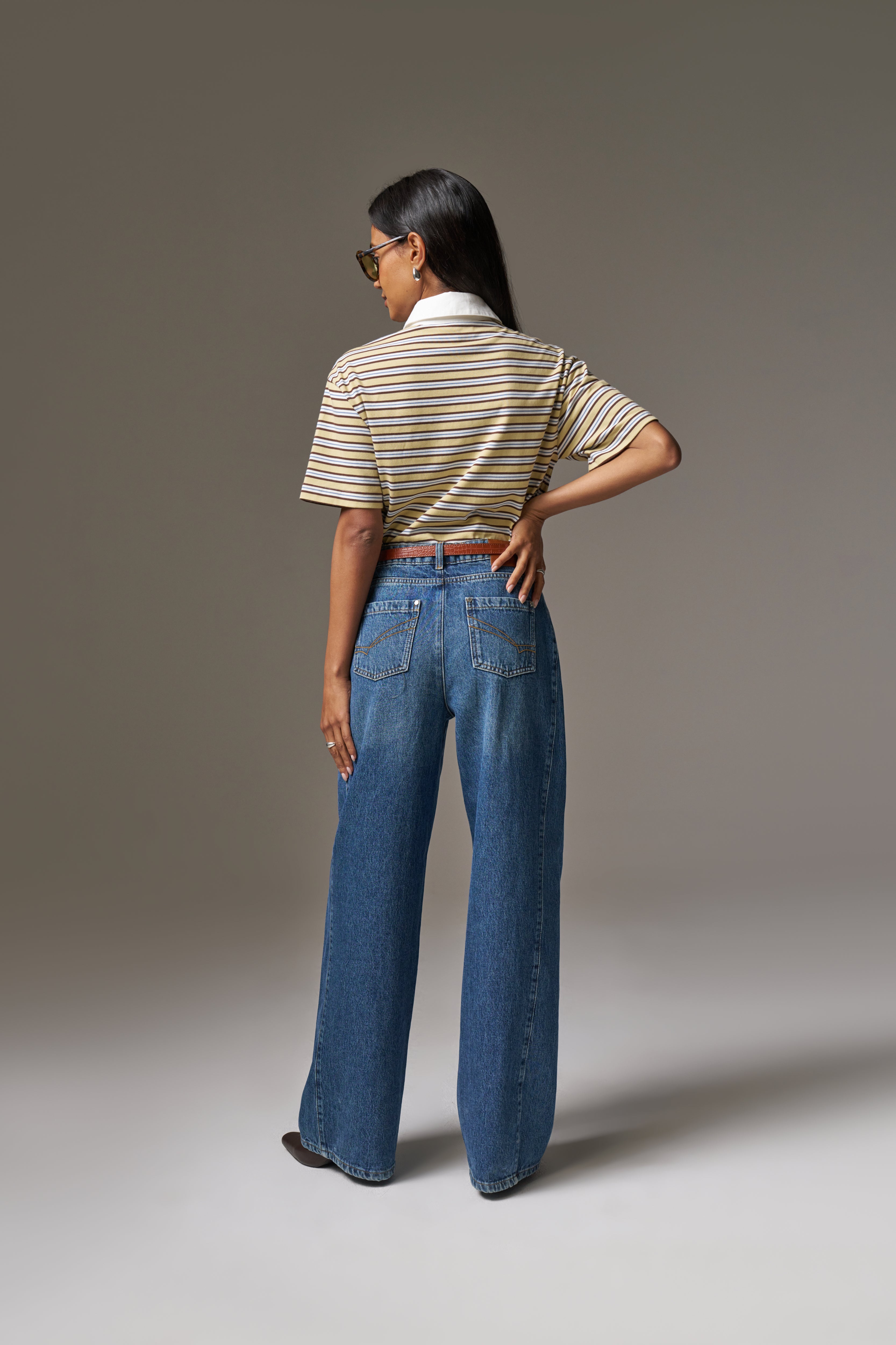 ADJUSTABLE PLEAT DETAIL WIDE LEG JEANS - VINTAGE BLUE WASH