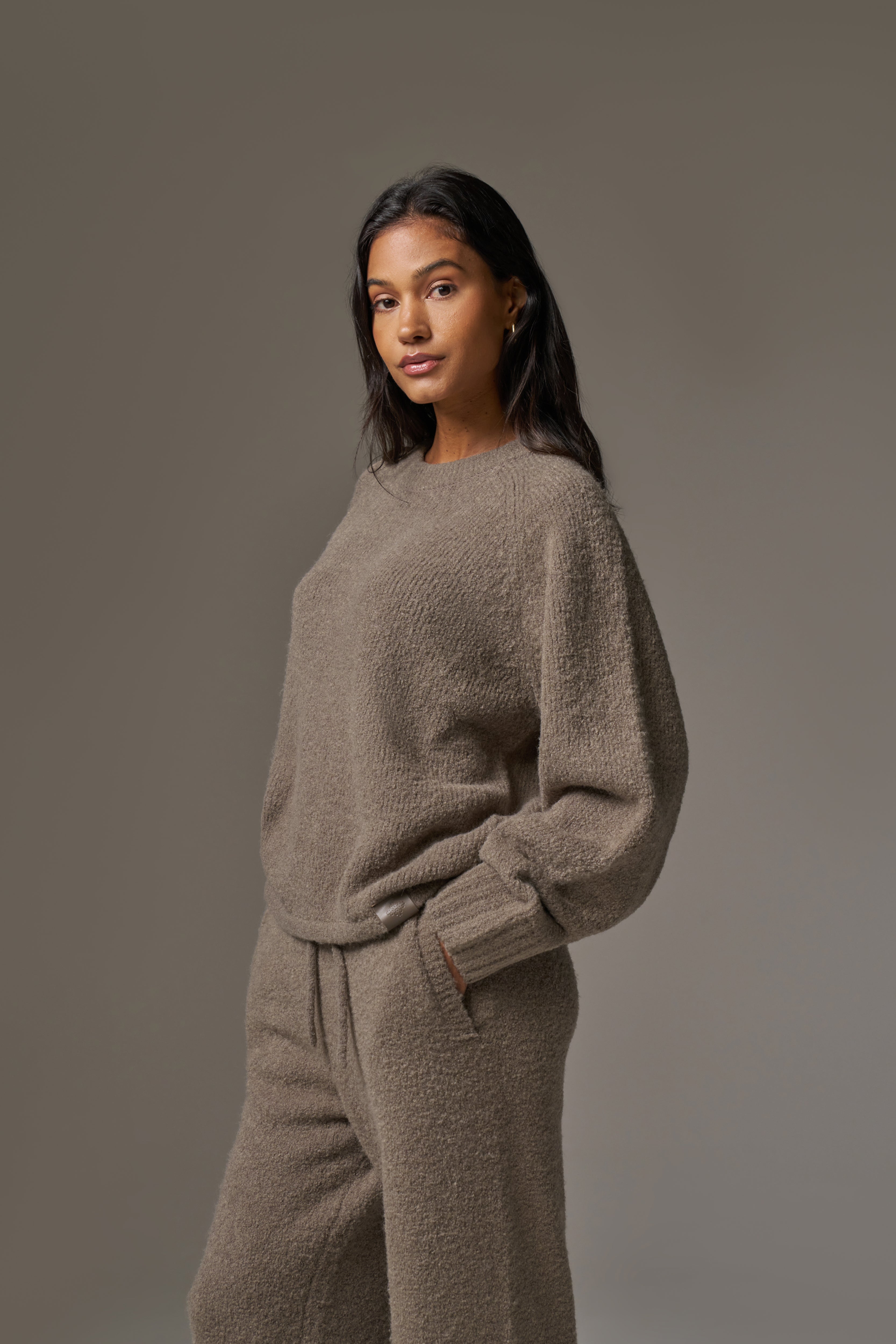 BOUCLE KNIT RAGLAN CREW - BROWN
