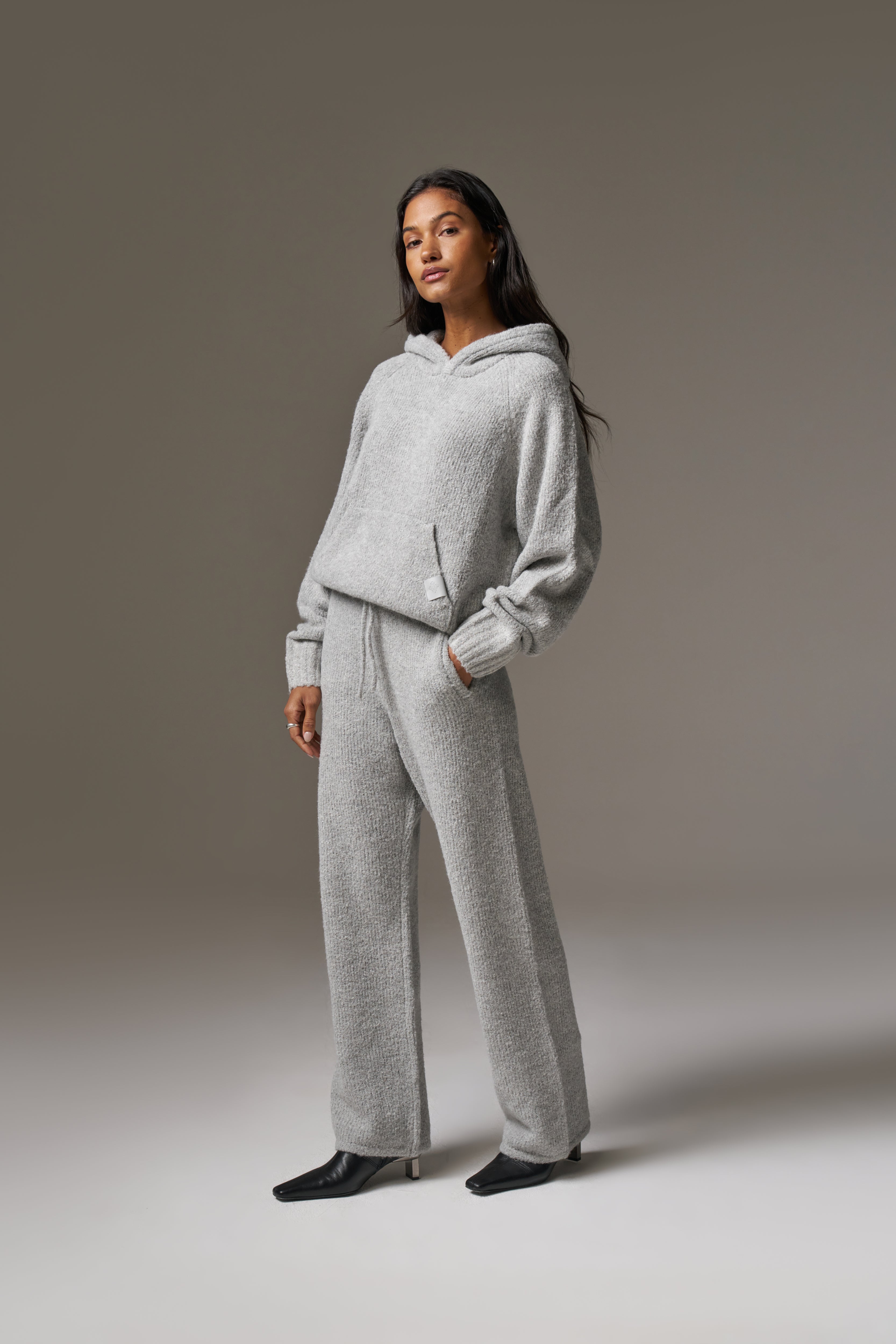 BOUCLE KNIT HOODIE - GREY MARL