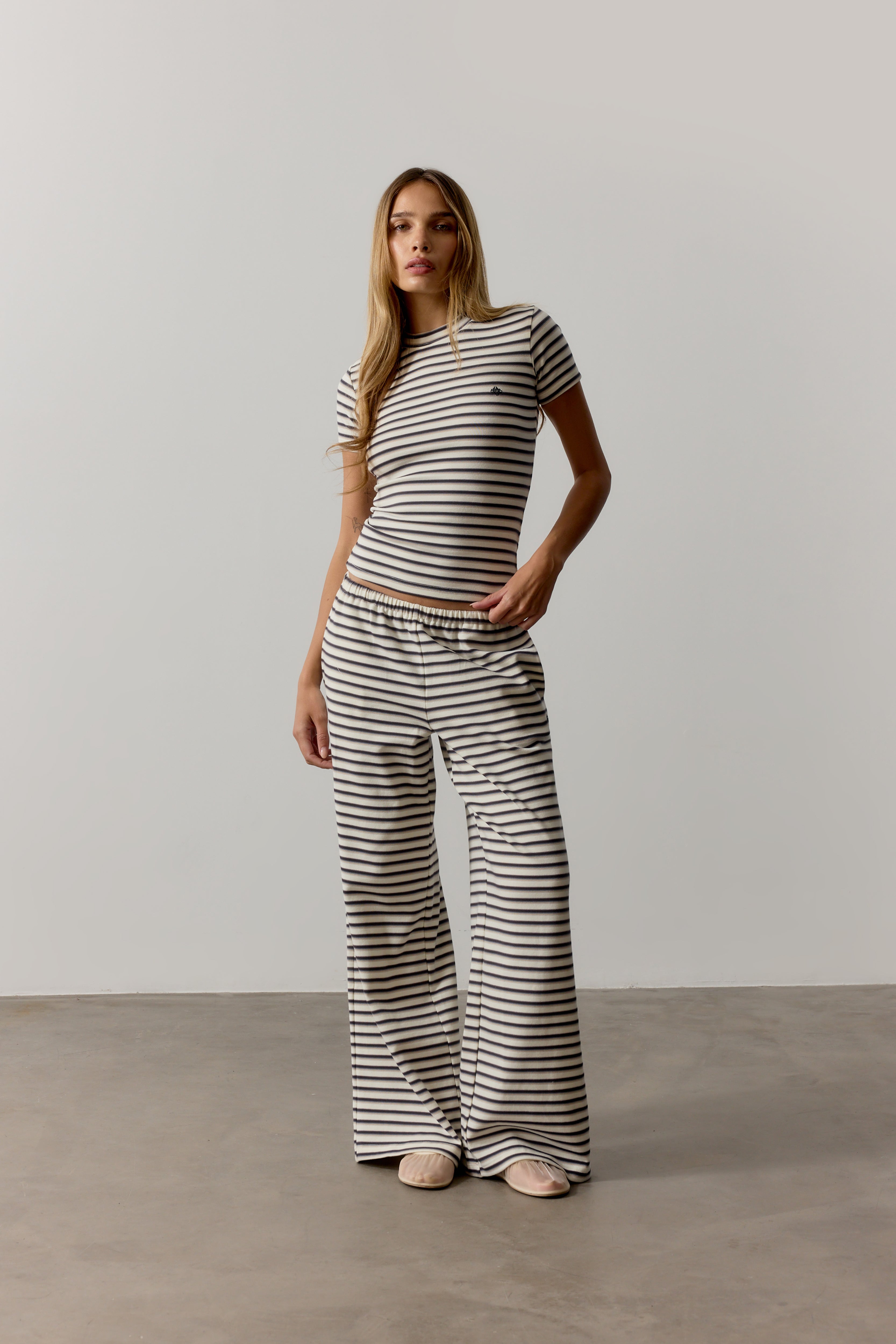 STRIPE BRUSHED COTTON TROUSERS - BEIGE