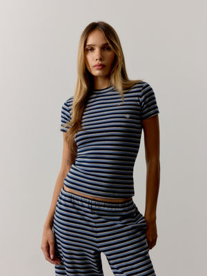 STRIPE BRUSHED COTTON BABY TEE - NAVY